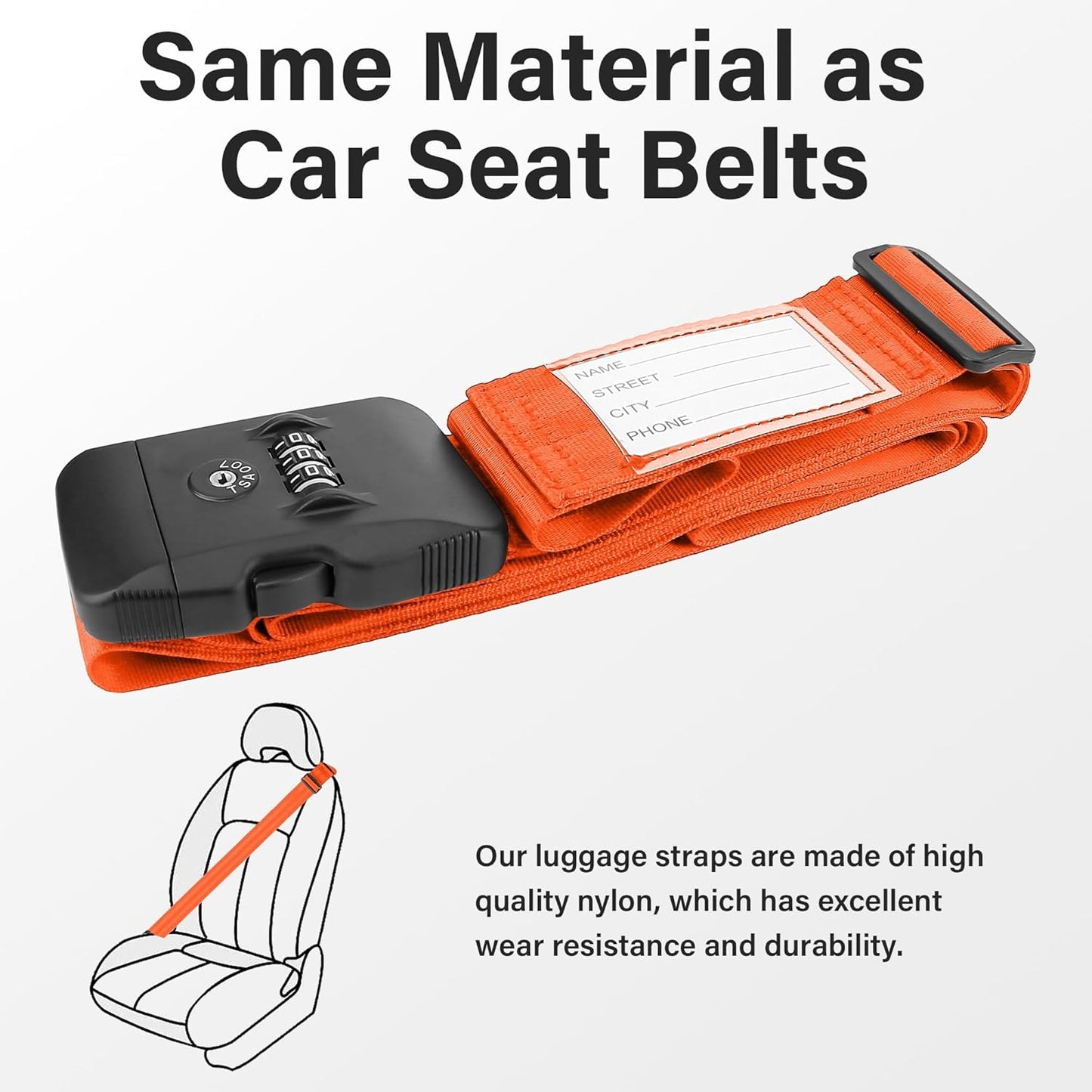 Luggage Straps, Orange TSA Approved Luggage Strap Belt with Combination Lock for Suitcases, 2 Pack Adjustable Heavy Duty Cross Suitcase Straps with Name Tags for Travel, Carry On Bags, Protect Luggage