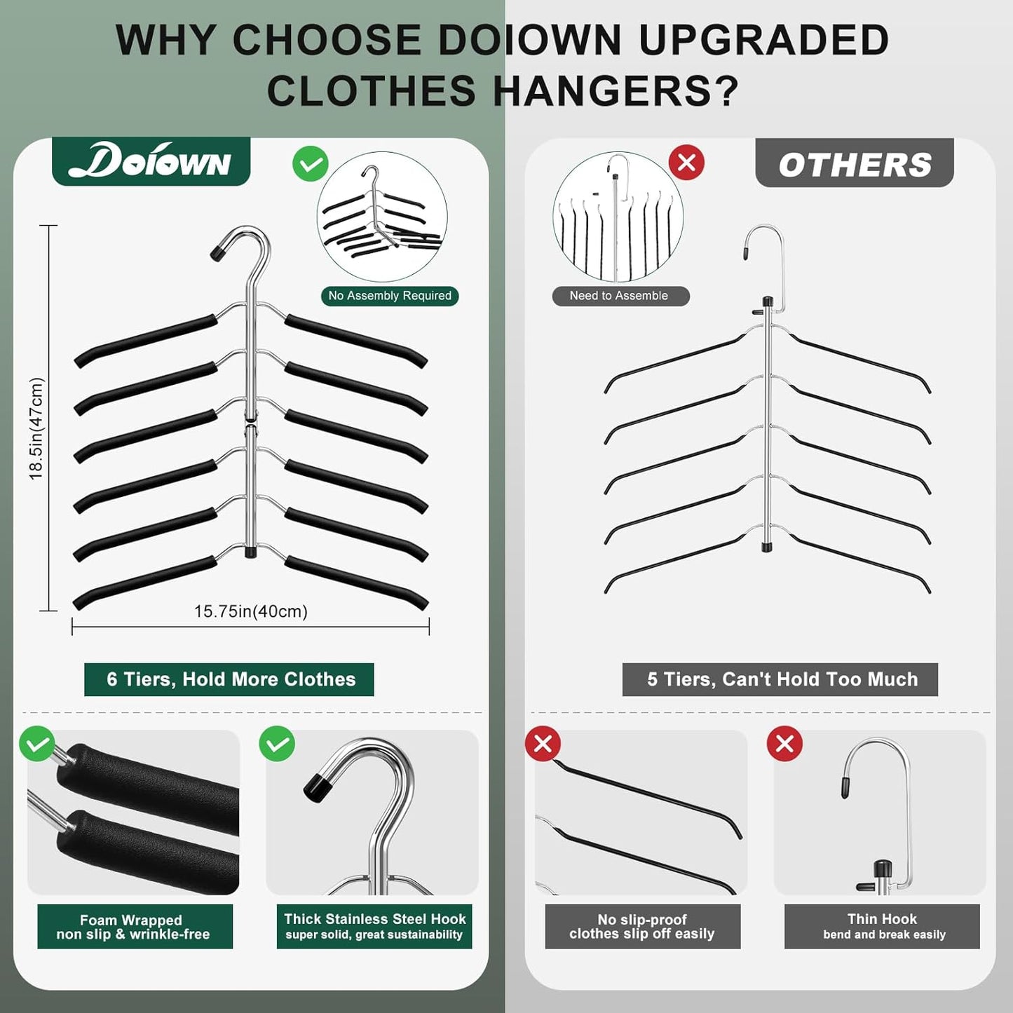 DOIOWN Space Saving 6 Tier Coat Hangers - Non Slip Foam Padded, Black Metal Sweater & T Shirt Hangers for Men & Women, 2 Pack Closet Organizers