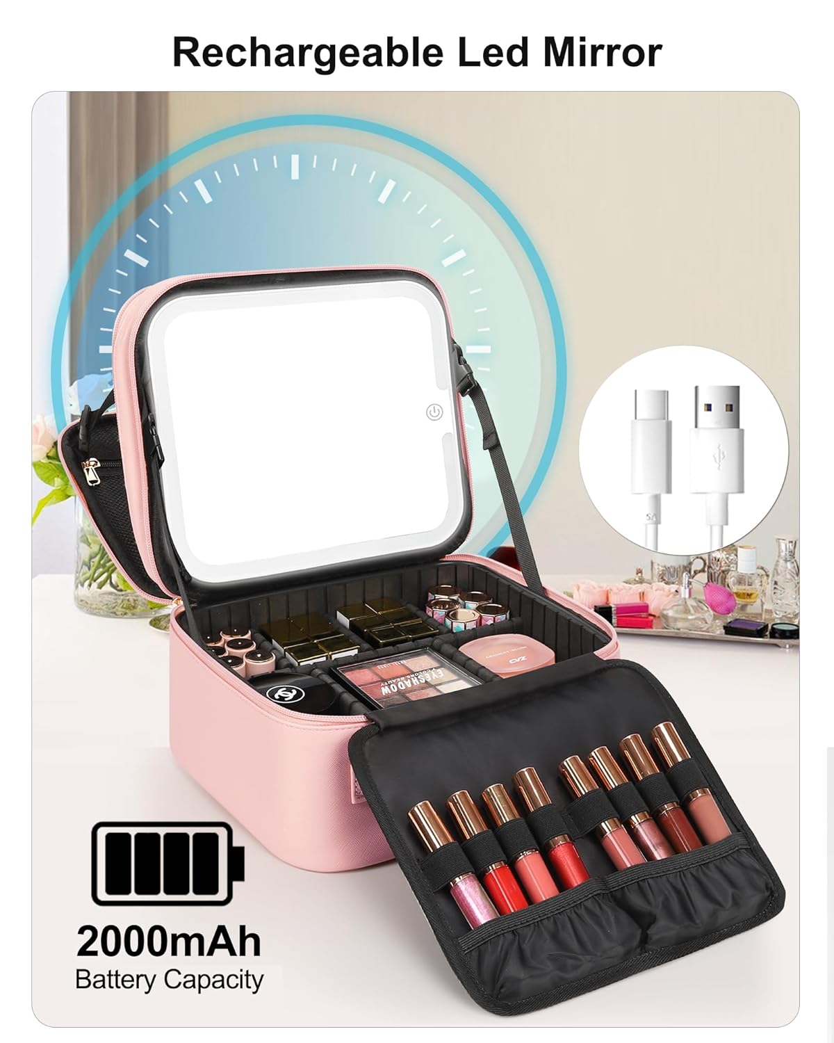 Relavel Makeup Bag with LED Mirror, Small Travel Makeup Case with Rechargeable Lighted Mirror 3 Color Lights, Double Layer Cosmetic Box Makeup Brush Lipstick Holder Organizer for Women, Pink
