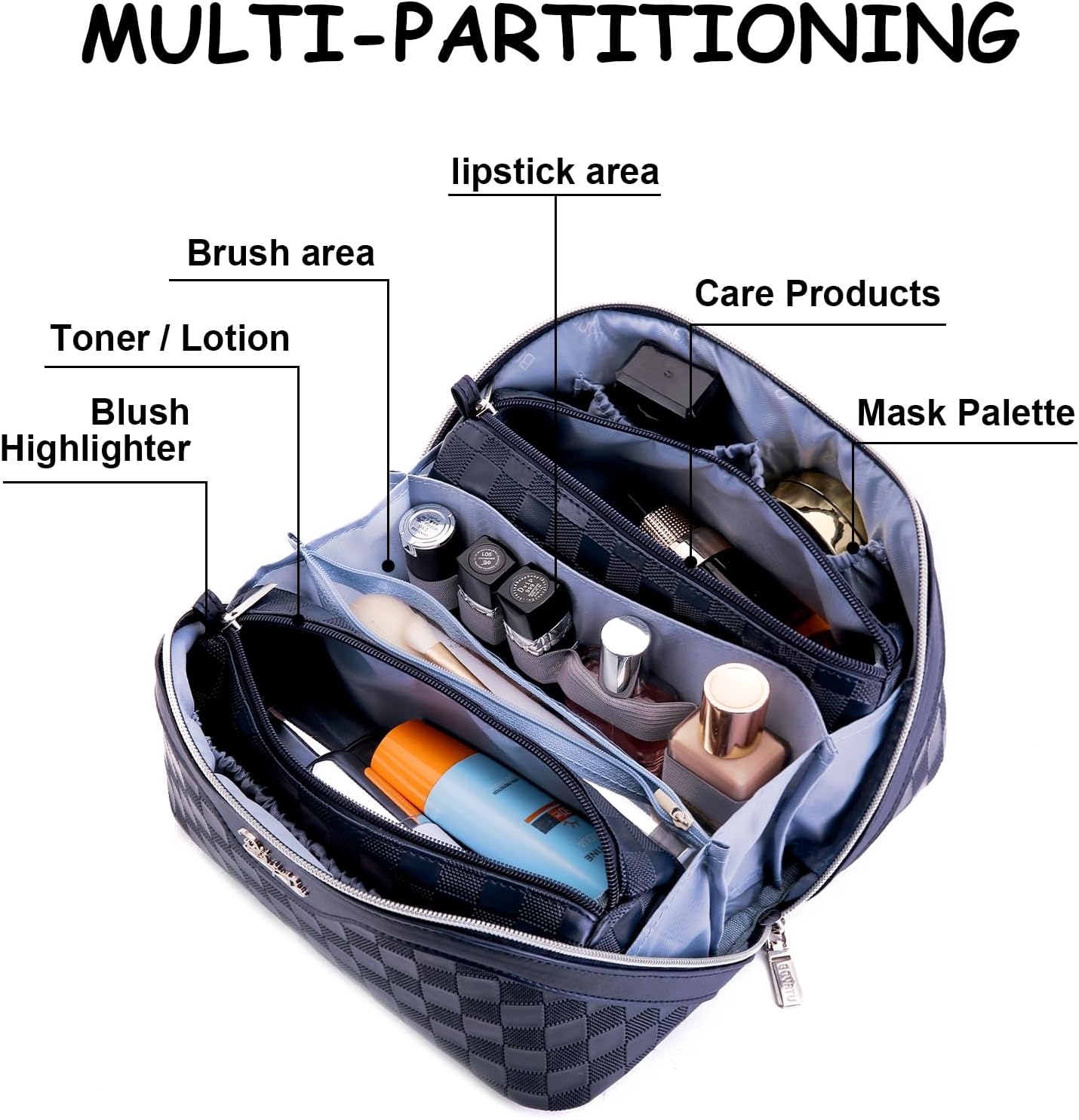 Travel Makeup Bag Organizer Cosmetic Bag: 3 Pcs Set Make up Bags for Women with Handle - Waterproof Vegan Leather Toiletry Bags with Comparments (C-12-Dark Blue)