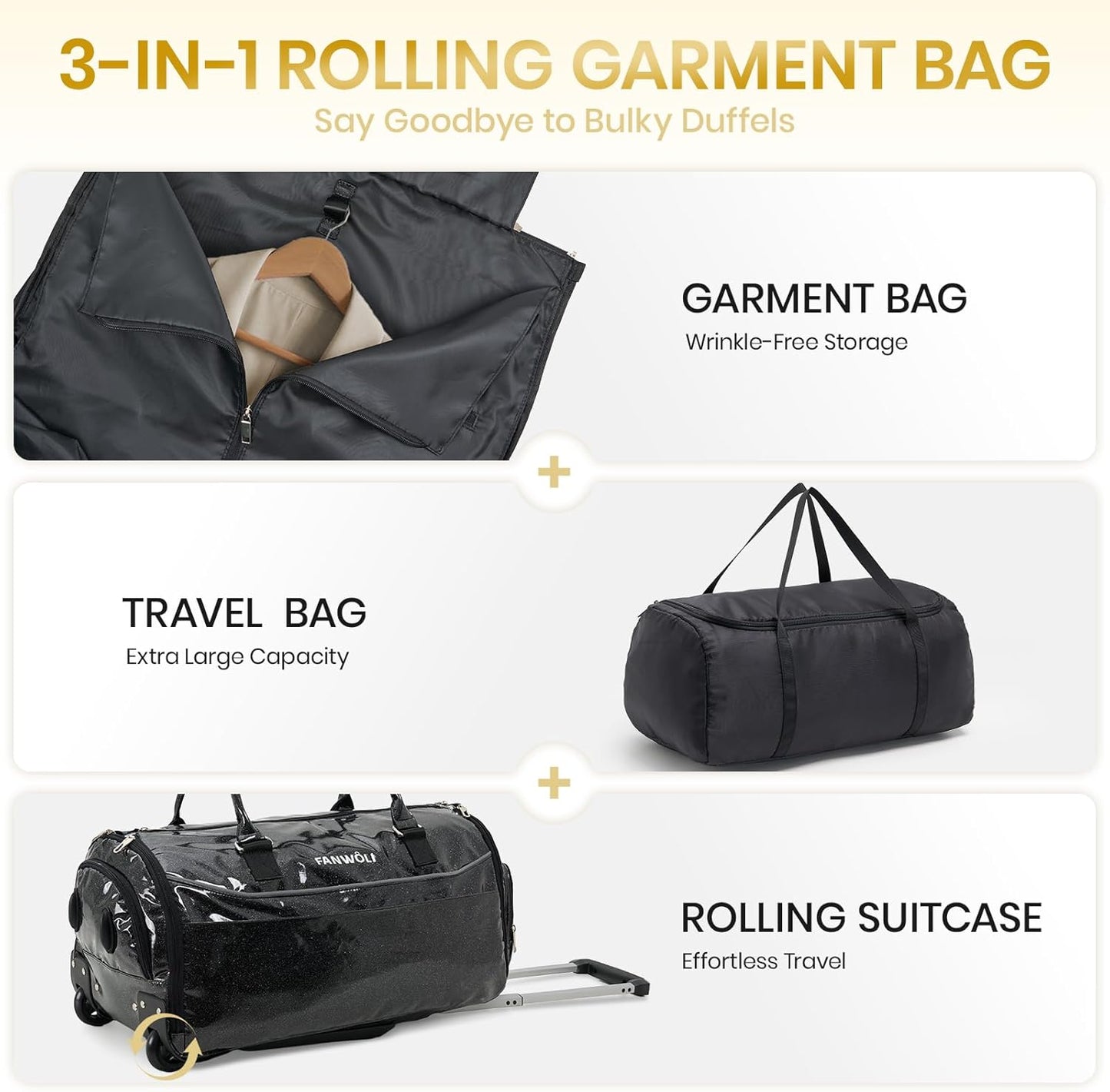 3-in-1 Rolling Garment Bags for Travel, Glitter Wheeled Carry-On Suit Luggage with Shoe Storage & Detachable Bag, Convertible Duffel Bag for Men Women Business Trips Weekender, Wrinkle-Free (Black)