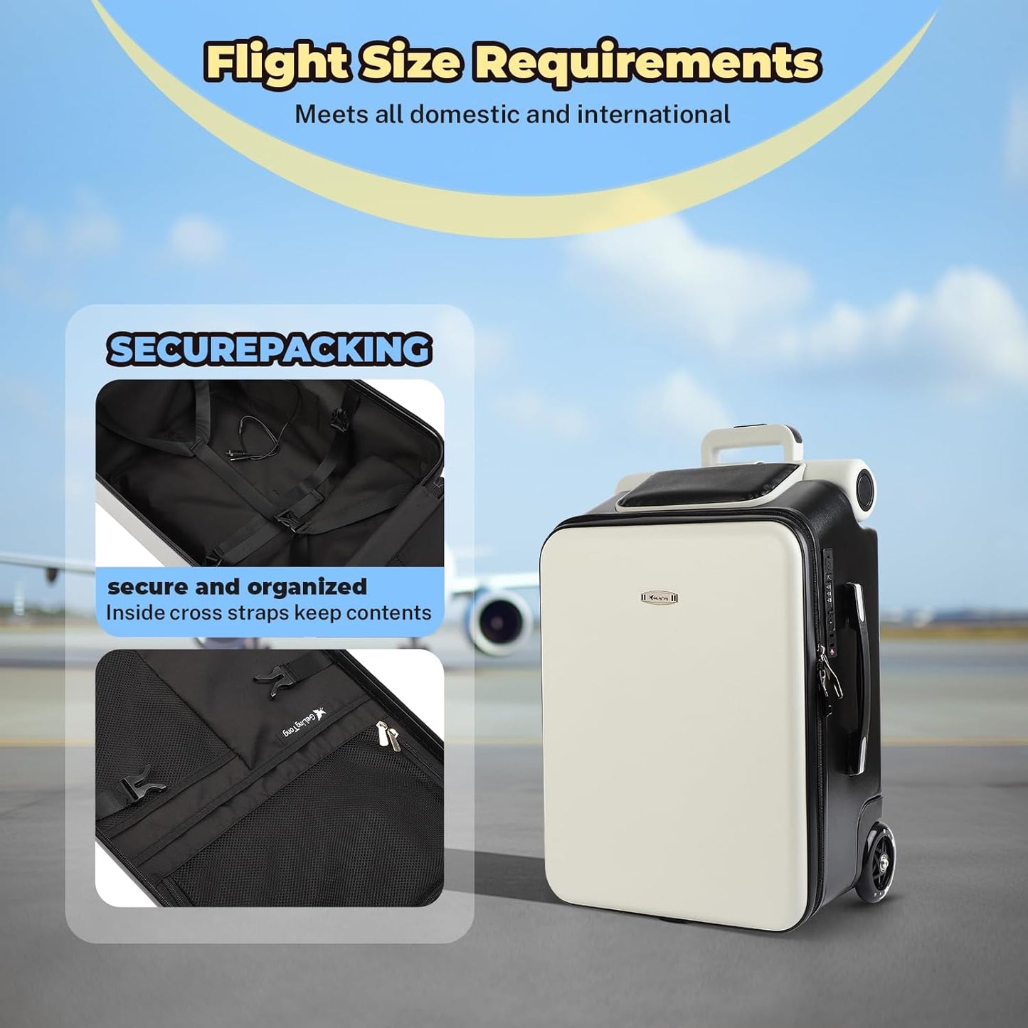 FAHKNS Ride on Suitcase luggage with Seat for Kids,21 inch Hardside Carry on Luggage with Wheels for Travel,2-in-1 Case & Baby Stroller,White