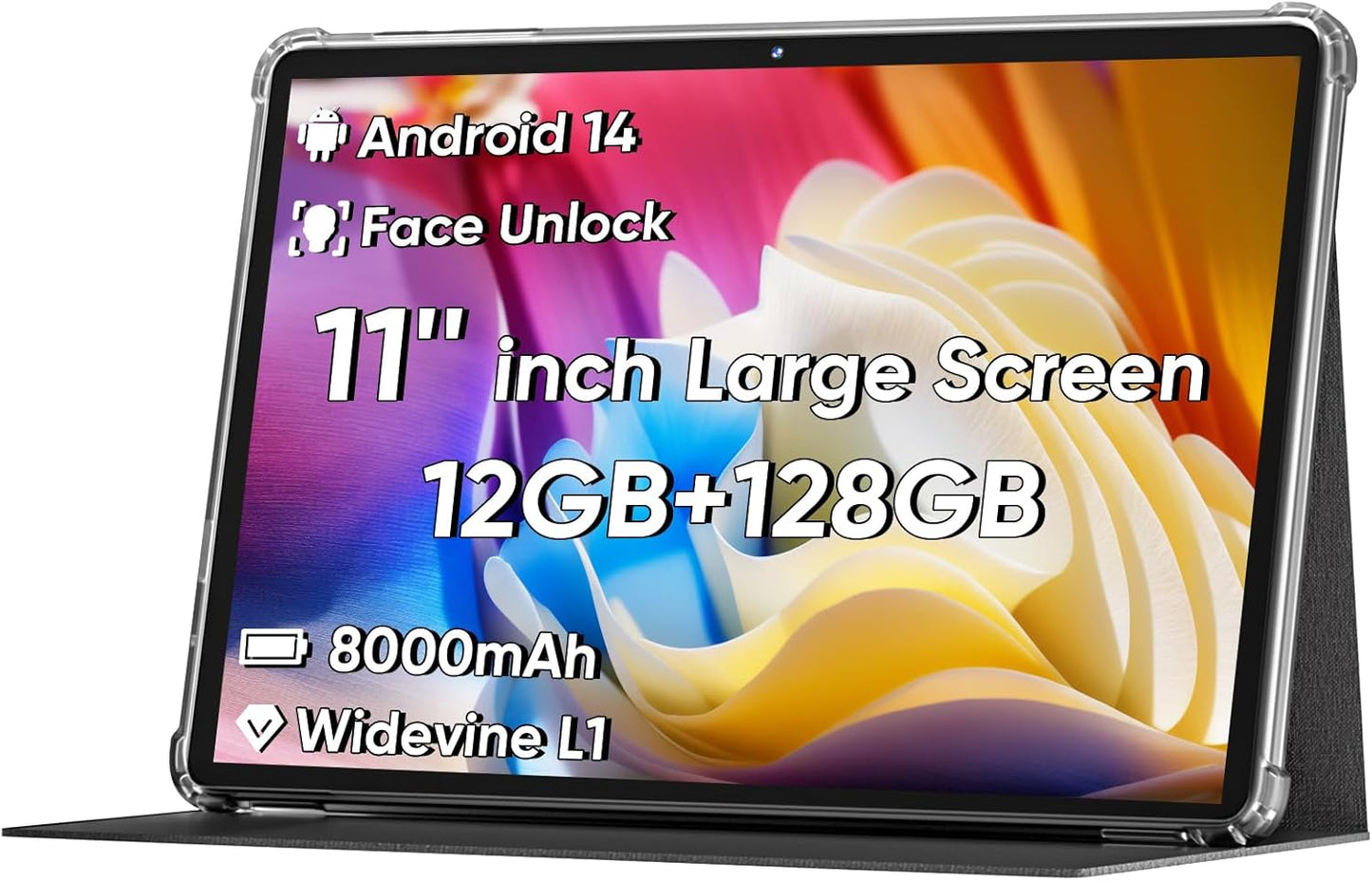2025 Upgraded Android 14 Tablet, 11inch Tablet PC,Support Face Unlock, Octa-core CPU,12GB+128GB+1TB Expand, 8000mAh Big Battery, 18W Fast Charging, WiFi6, BT5.0,Touchscreen Display Tableta with Case