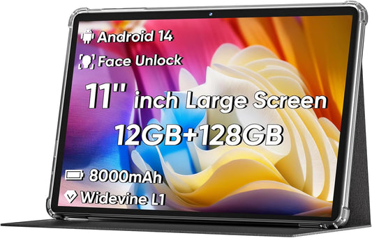 2025 Upgraded Android 14 Tablet, 11inch Tablet PC,Support Face Unlock, Octa-core CPU,12GB+128GB+1TB Expand, 8000mAh Big Battery, 18W Fast Charging, WiFi6, BT5.0,Touchscreen Display Tableta with Case