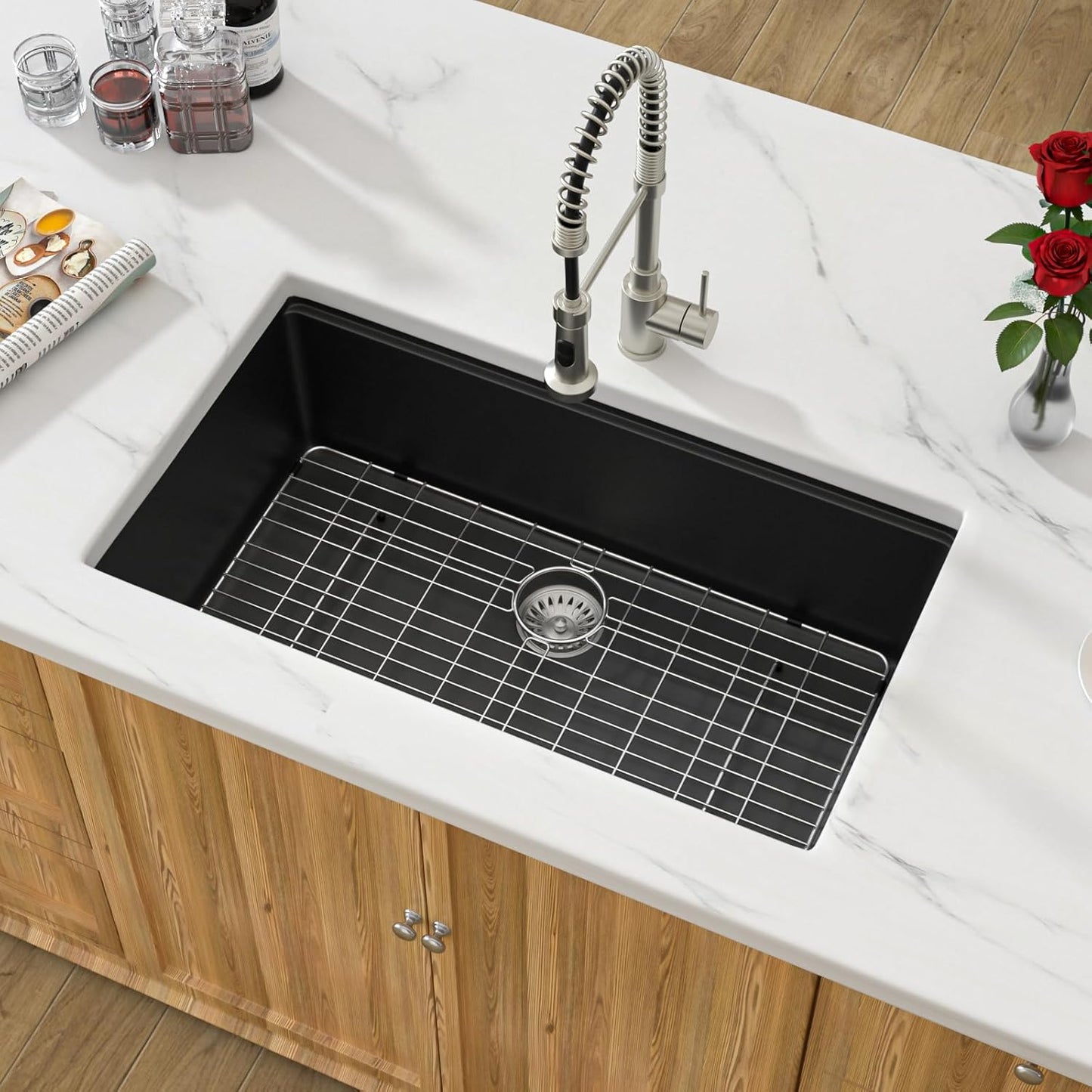33 Inch Black Granite Composite Kitchen Sink Workstations Black Quartz Undermount Single Bowl Sink with Accessories Single Basin Large Capacity Noise Reduction Quiet Kitchen