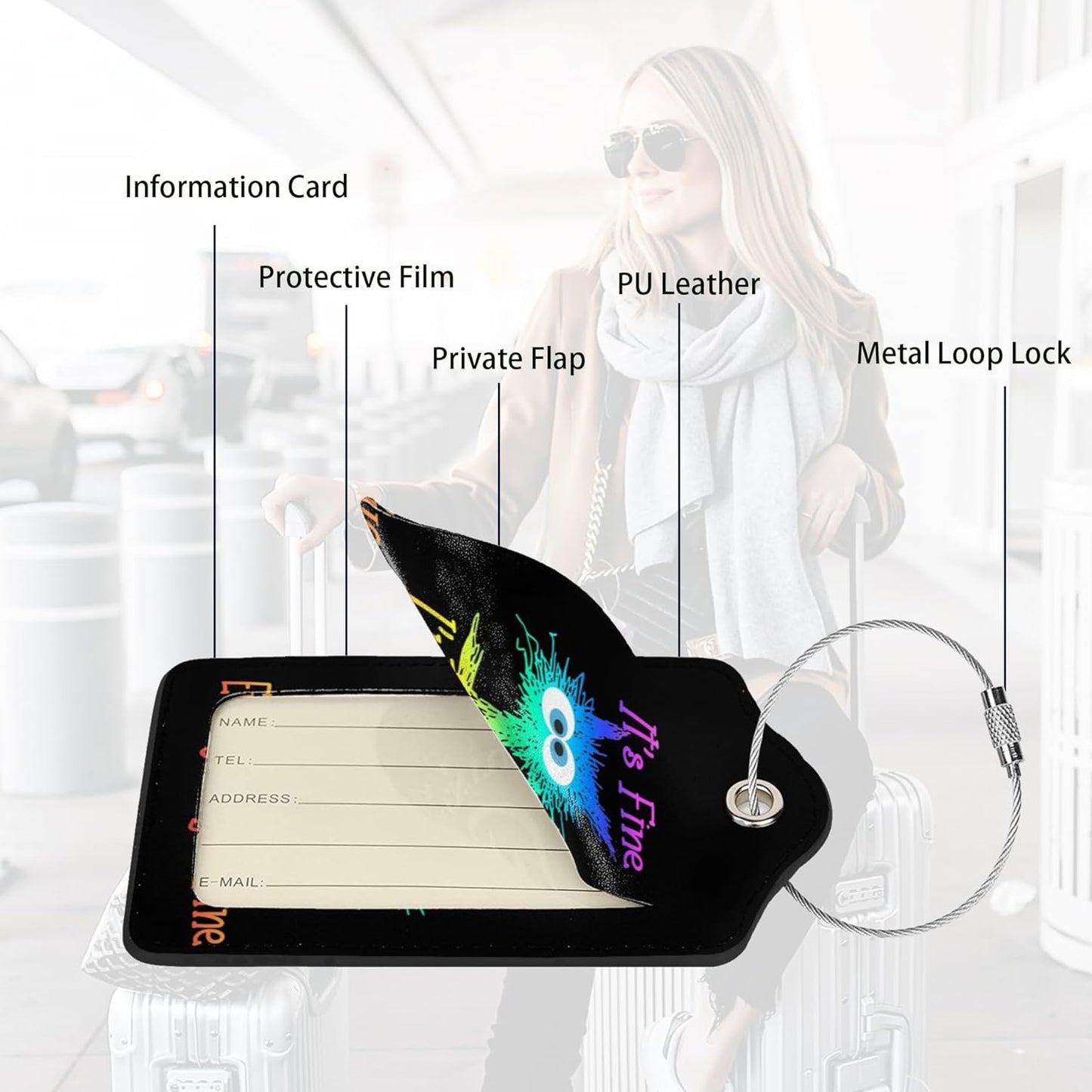 2 Pack Luggage Tags for suitcases Cute Funny I'm Fine It's Fine Color Luggage Tag, Leather Stainless Steel Loop Label Tag for Men Women Travel Bag Suitcase（Black Laser）