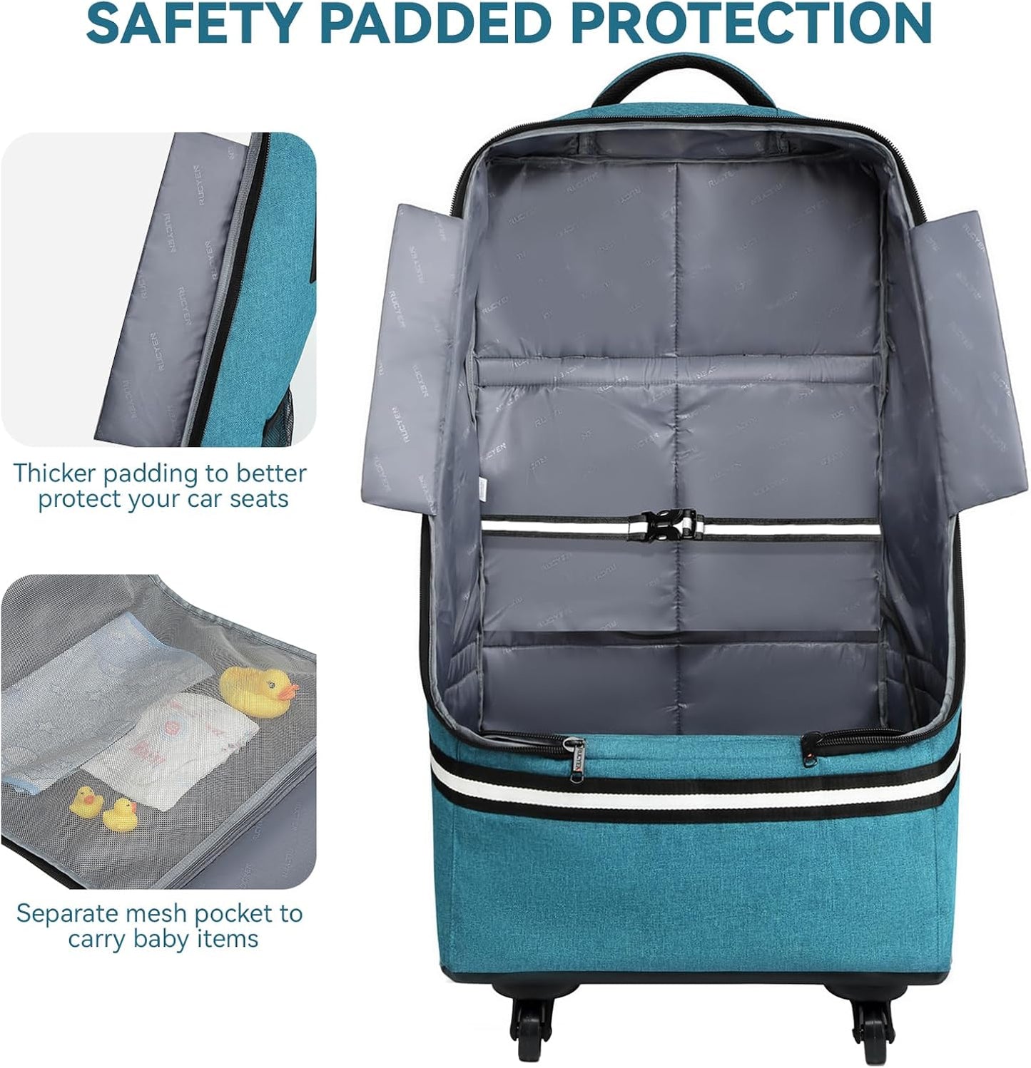 Rolling Car Seat Travel Bag, Padded Carseat Travel Backpack for Airplane,Large Durable Carseat Travel Bag with 4 Wheels,Adjustable Shoulder Strap and Waterproof Base Blue