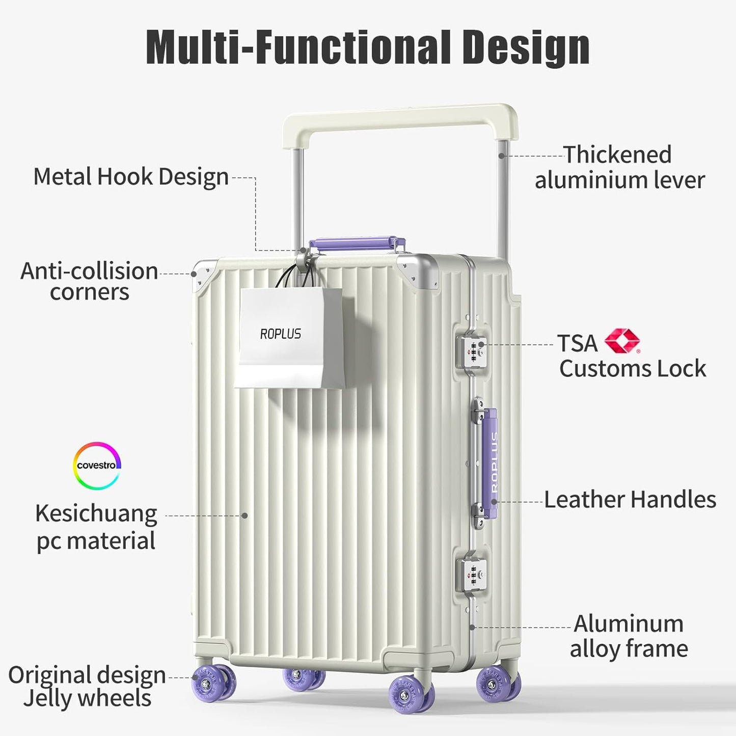 Aluminium Frame Carry on Luggage with Smooth Jelly Wheels, Hardside Zipperless Rolling Suitcase with TSA Lock (WhitePurple, 21-Inch)