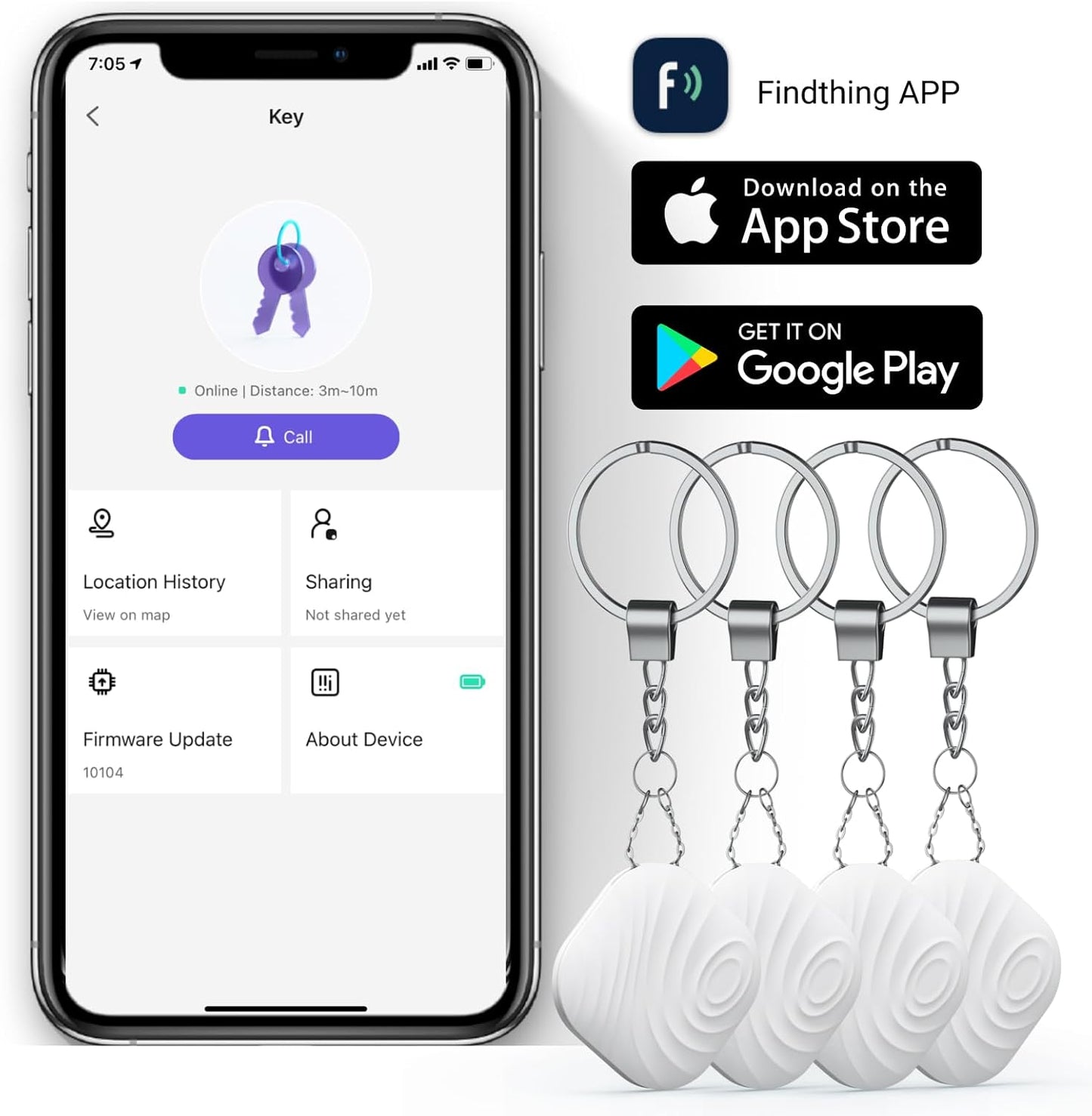 Key Finder, Bluetooth Tracker Item Locator with Key Chain for Keys Pet Wallets or Backpacks and Tablets, Batteries Include -White