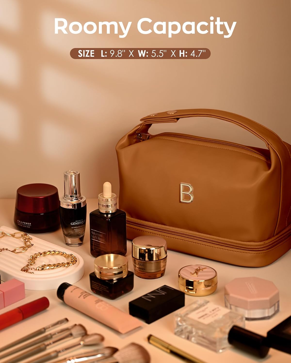 Birthday Gifts for 13 14 15 16 17 18 Year Old Girls Gifts, Personalized Makeup Bag with Handle, Initial Double Layer Cosmetic Bag with Makeup Brush Organizer, Cute Cosmetic Pouch for Women