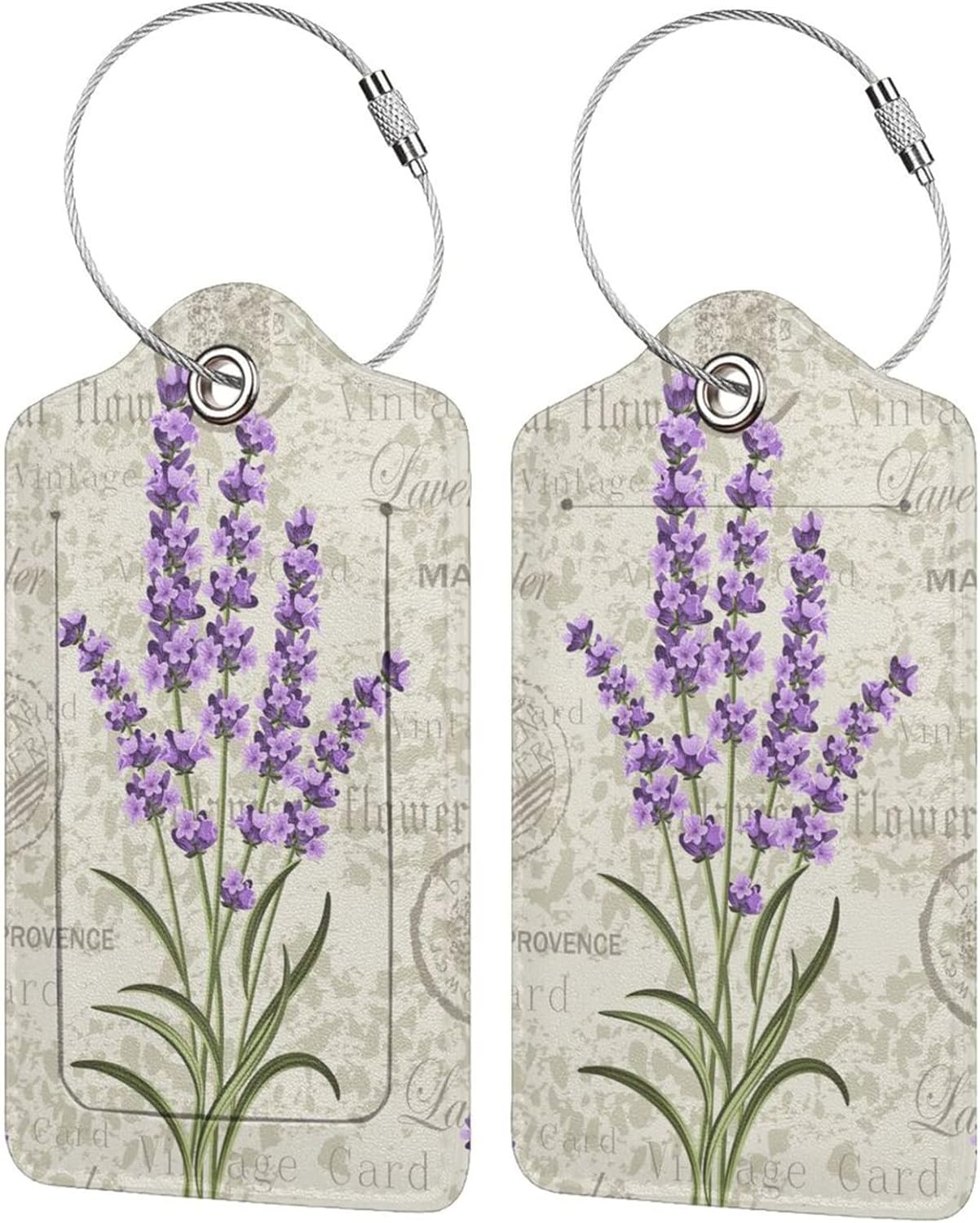 2 Pcs Purple Lavender Luggage Tags for Women Girls Travel, Cute Flower PU Leather Bag Tags Baggage for Suitcases with Stainless Steel Loop & Privacy Name ID Card Cover Identifiers Labels Set