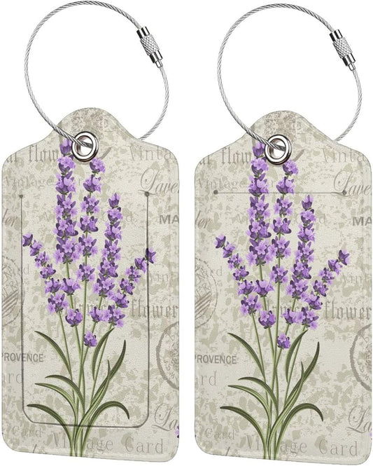 2 Pcs Purple Lavender Luggage Tags for Women Girls Travel, Cute Flower PU Leather Bag Tags Baggage for Suitcases with Stainless Steel Loop & Privacy Name ID Card Cover Identifiers Labels Set