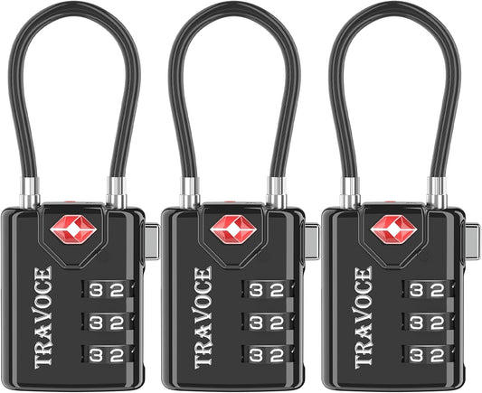 Search Alert TSA Approved Travel Combination Luggage Cable Locks for Suitcase, Gym Locker,Toolbox,Backpack 1,2,4,6 &10 pk (Black 3 Pack)