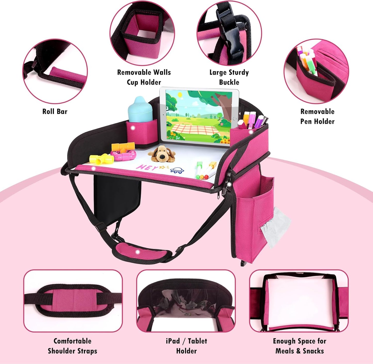 Kids Travel Tray for Airplane - Toddler Car Seat Table Tray, Road Trip Essentials for Boys & Girls, Carseat Lap Desk for Kids Road Trip Activities (Pink)