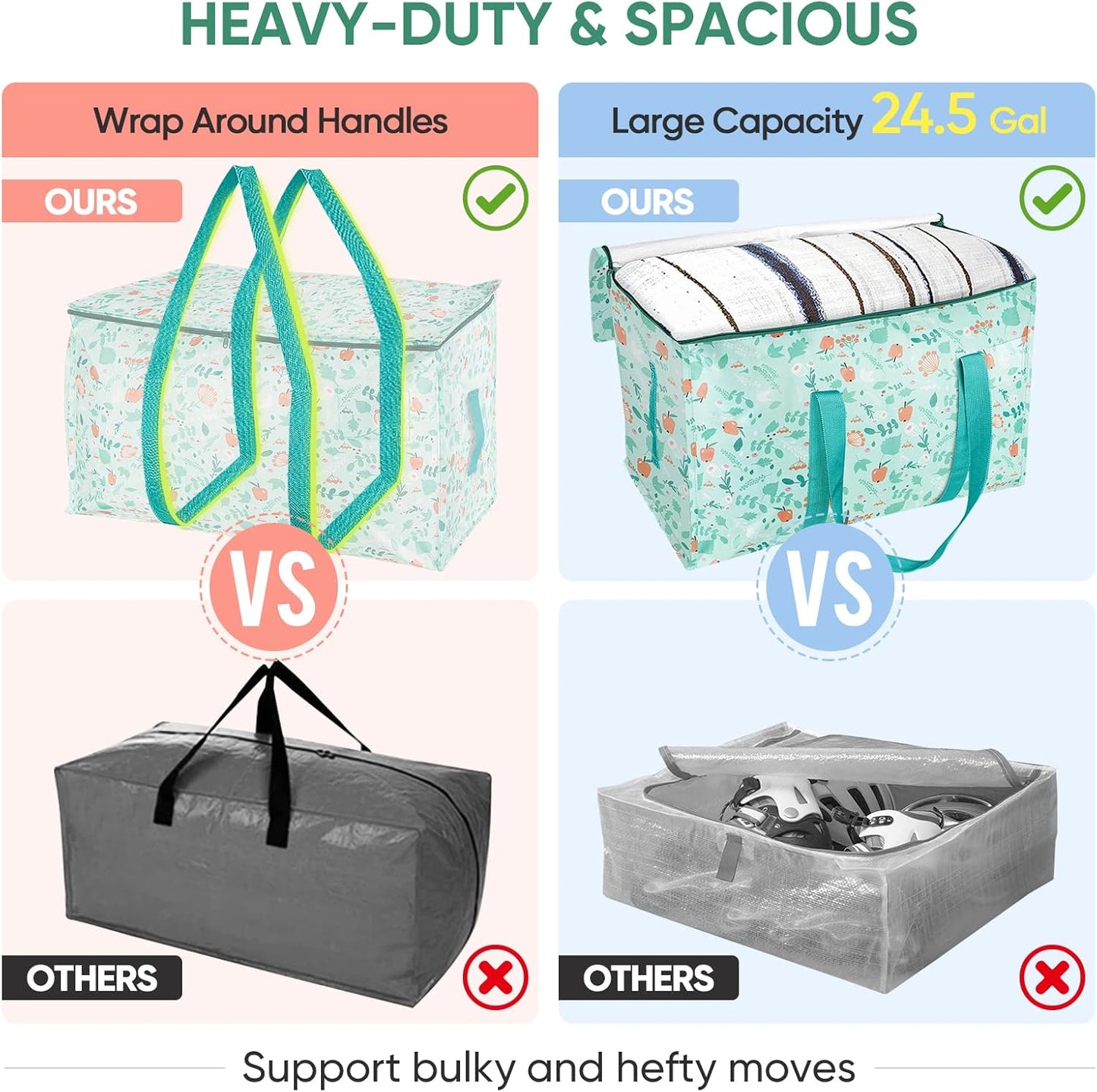 BALEINE 4-Pack Oversized Moving Bags with Reinforced Handles, Heavy-Duty Storage Tote for Clothes, Moving Supplies (Spring Stroll, 4-Pack)