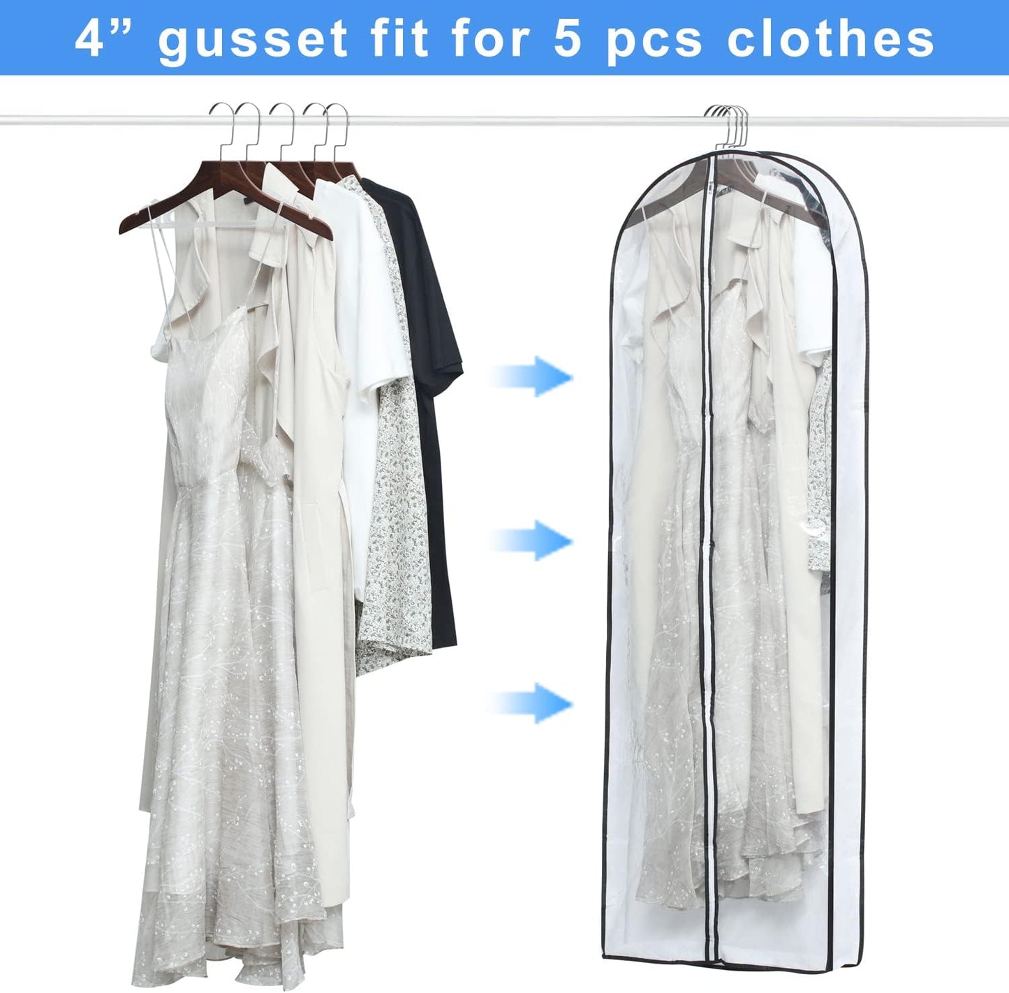 Clear Garment Storage with 4" Gusseted Hanging Covers - Durable, Transparent Protectors for Long Coats, Gowns, Dresses - 24"x 60"x 4" / 6 Pack