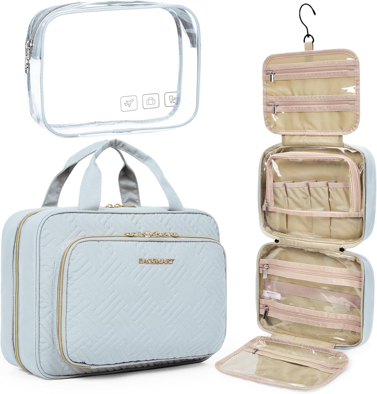 BAGSMART Toiletry Bag Hanging Travel Makeup Organizer with TSA Approved Transparent Cosmetic Bag Makeup Bag for Full Sized Toiletries, Large-Light Blue