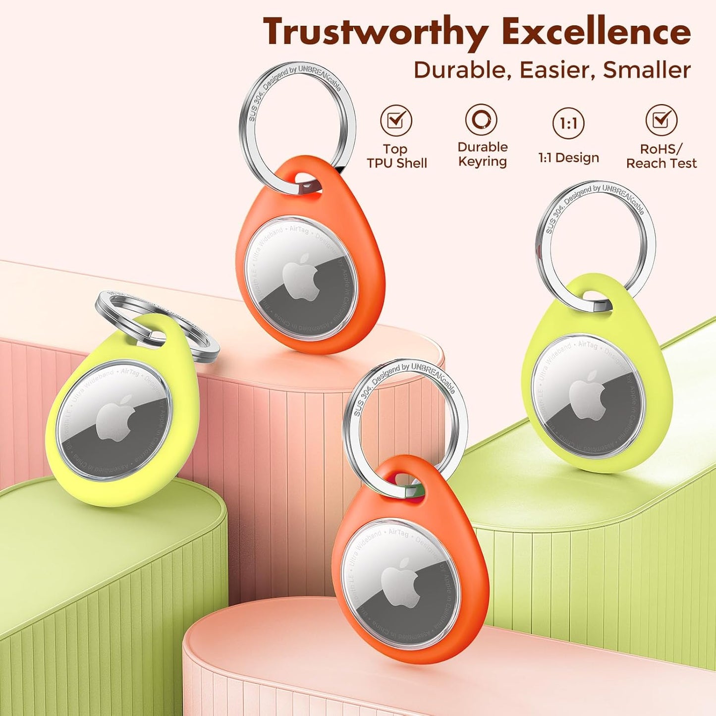 UNBREAKcable AirTag Holder for Apple - 4 Pack Air Tag Case [Fit Tightly Design] [Easy to Install] [Hold Air Tag Securely] Waterproof TPU Shell Protective Cover with All Metal Keychain (Orange&Green)