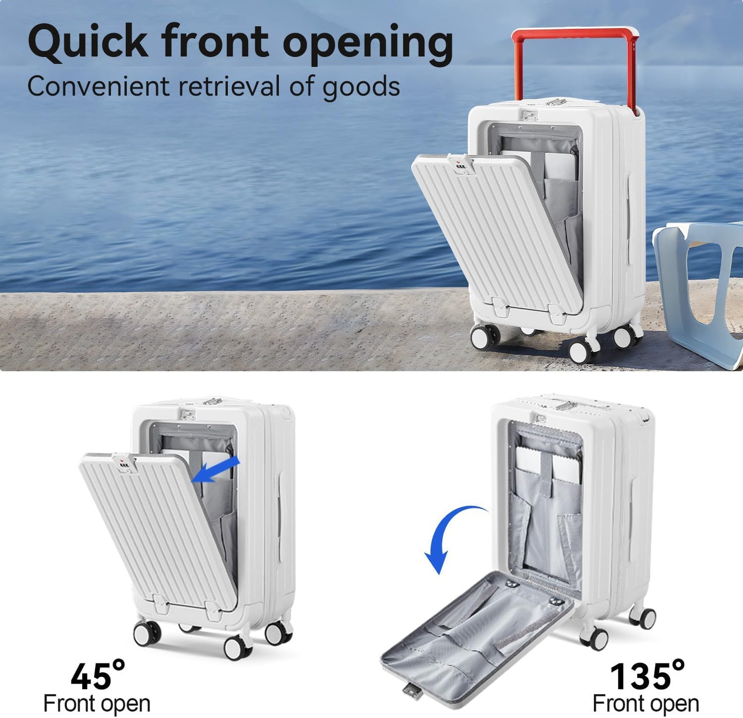 SOKOK Front Pocket Luggage with Spinner Wheels, 24'' Wide Handle Travel Suitcase PC Hardshell Multifunctional Luggage with Charging Port and Cup Holder, White