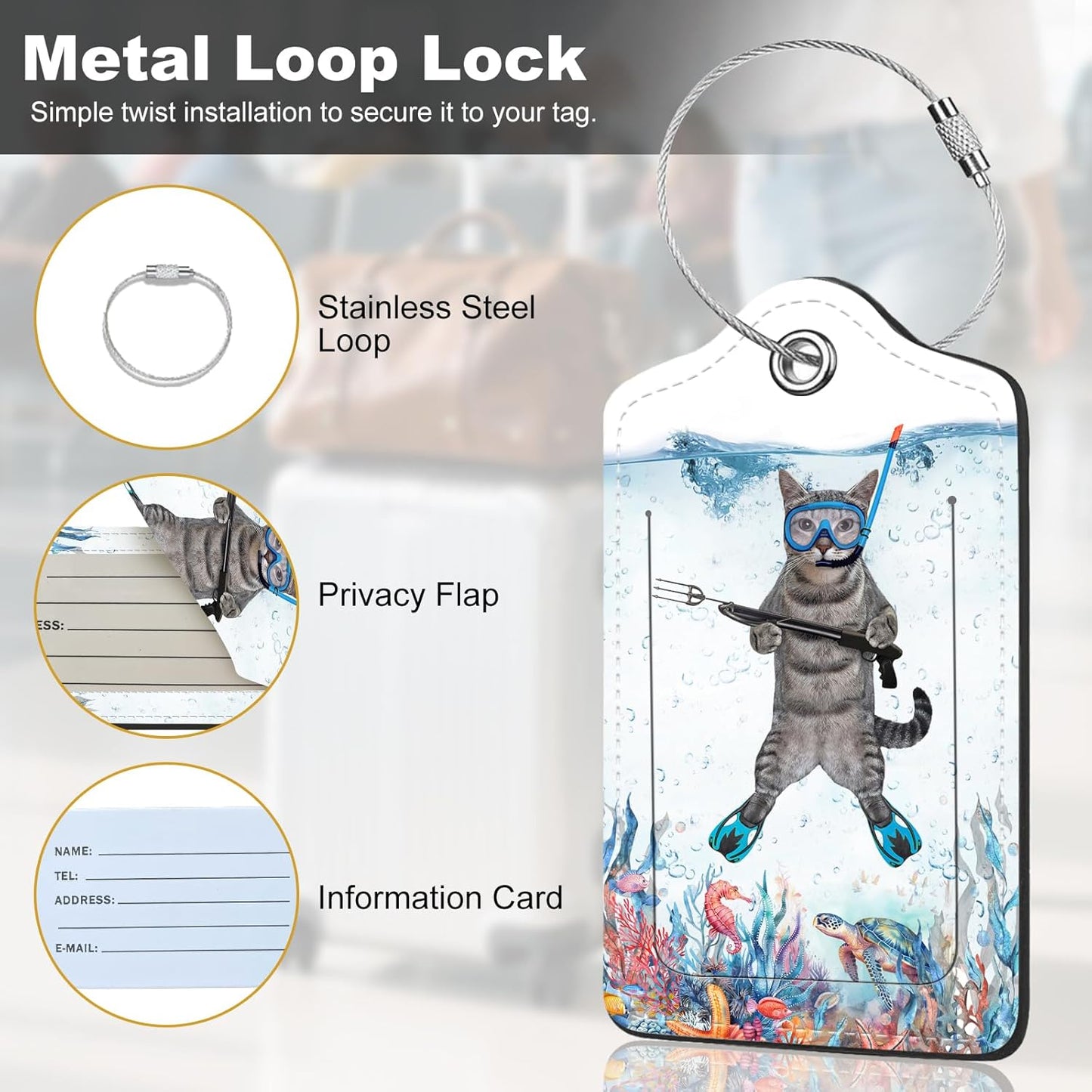 2Pack Luggage Tags for Suitcases, Cute Unique Pu Leather Cruise Luggage Tag with Privacy Cover ID Label Address Card and Metal Ring Suitable for Women Men Kids Travel Bag The Diving Cat