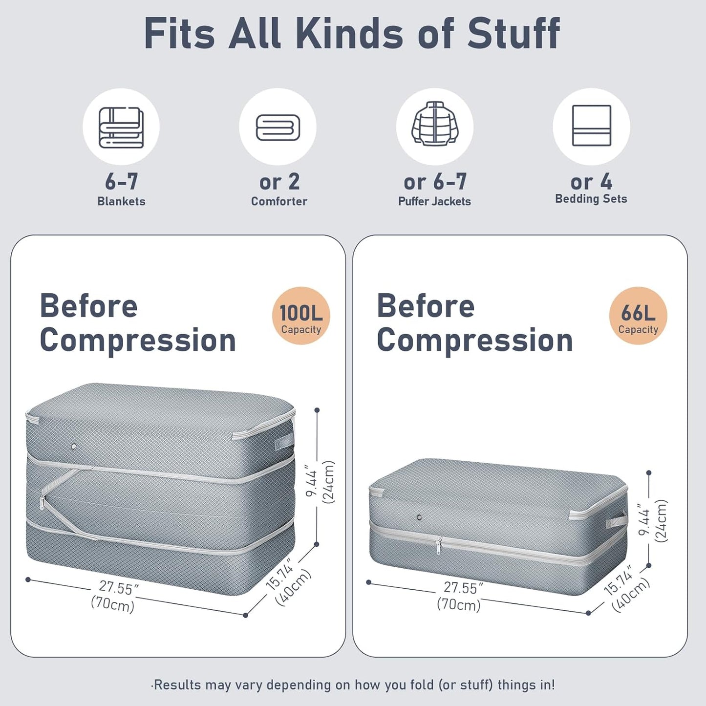 DIMJ Comforter Storage Bag - 100L Large Capacity Blanket Storage Compression Bags, Washable Space Saving Self Compression Organizer with Window Handles, Space Saver for Clothes, Bedding, Sheet