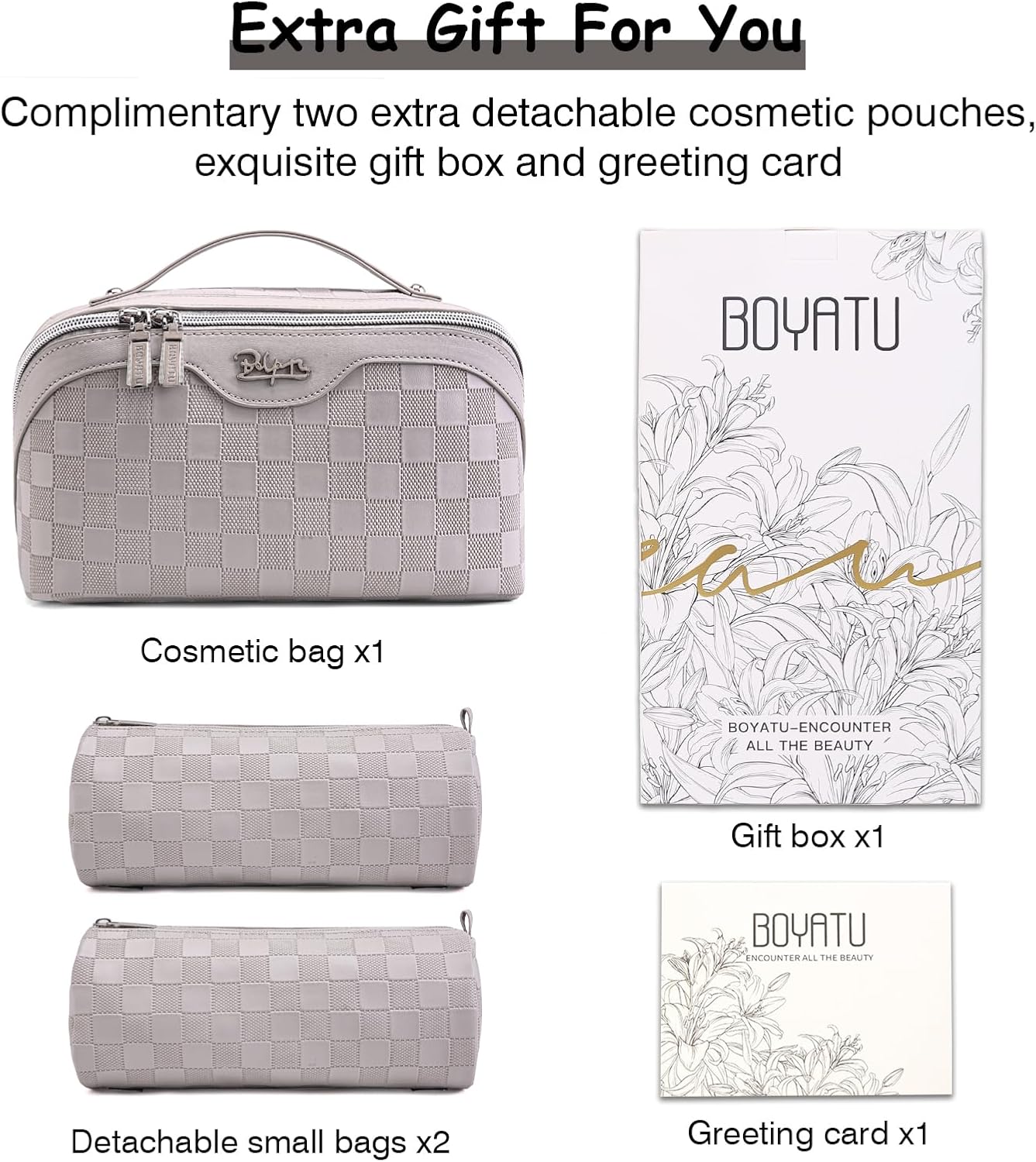 Travel Makeup Bag Organizer Cosmetic Bag: 3 Pcs Set Make up Bags for Women with Handle - Waterproof Vegan Leather Toiletry Bags with Comparments (C-13-Gray)