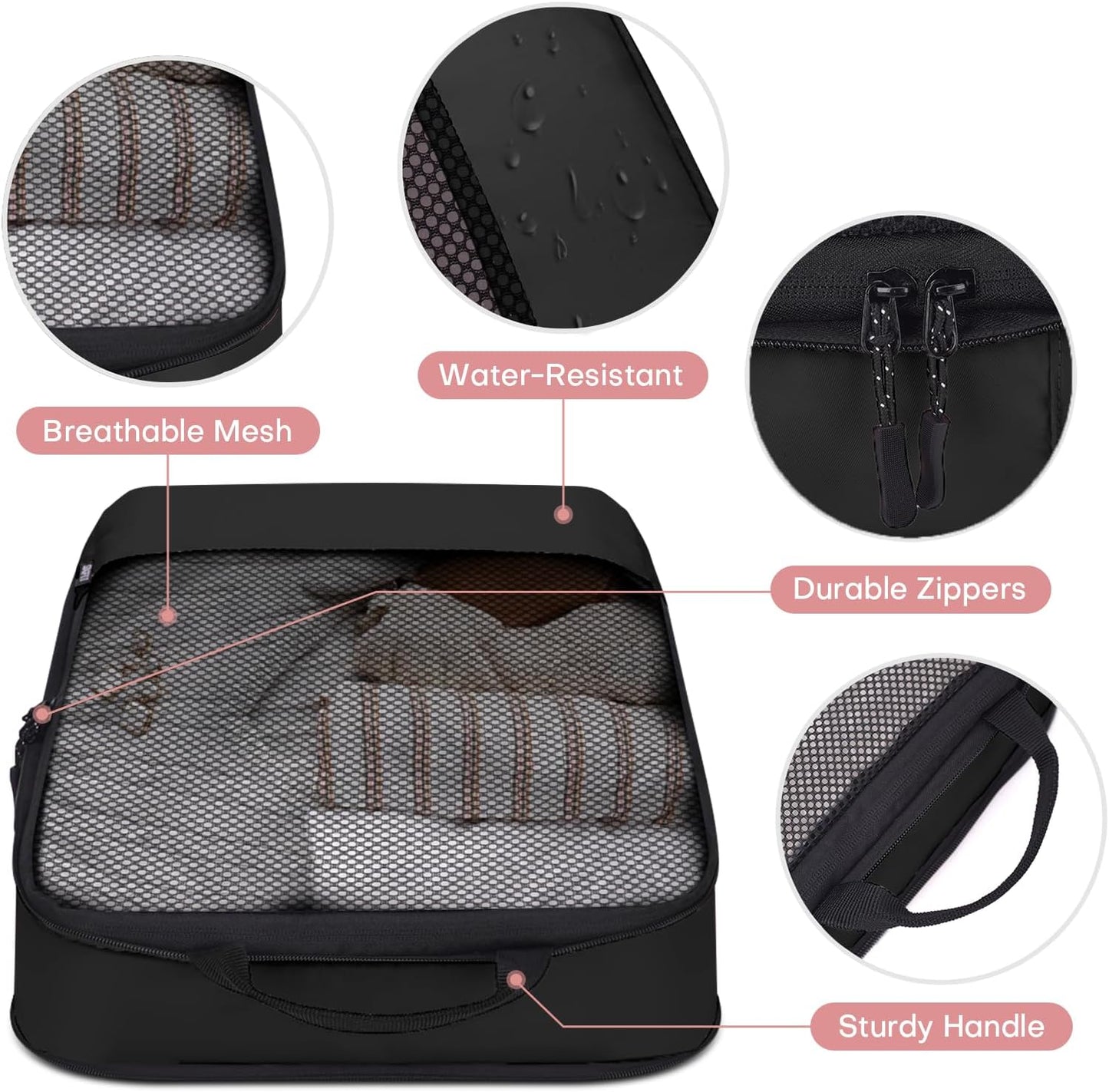 4 PCS Set Compression Packing Cubes for Travel, Lightweight Packaging Organizer Bags for Carry On Space Saving, Travel Essentials Cubes for Suitcase Backpack, Black