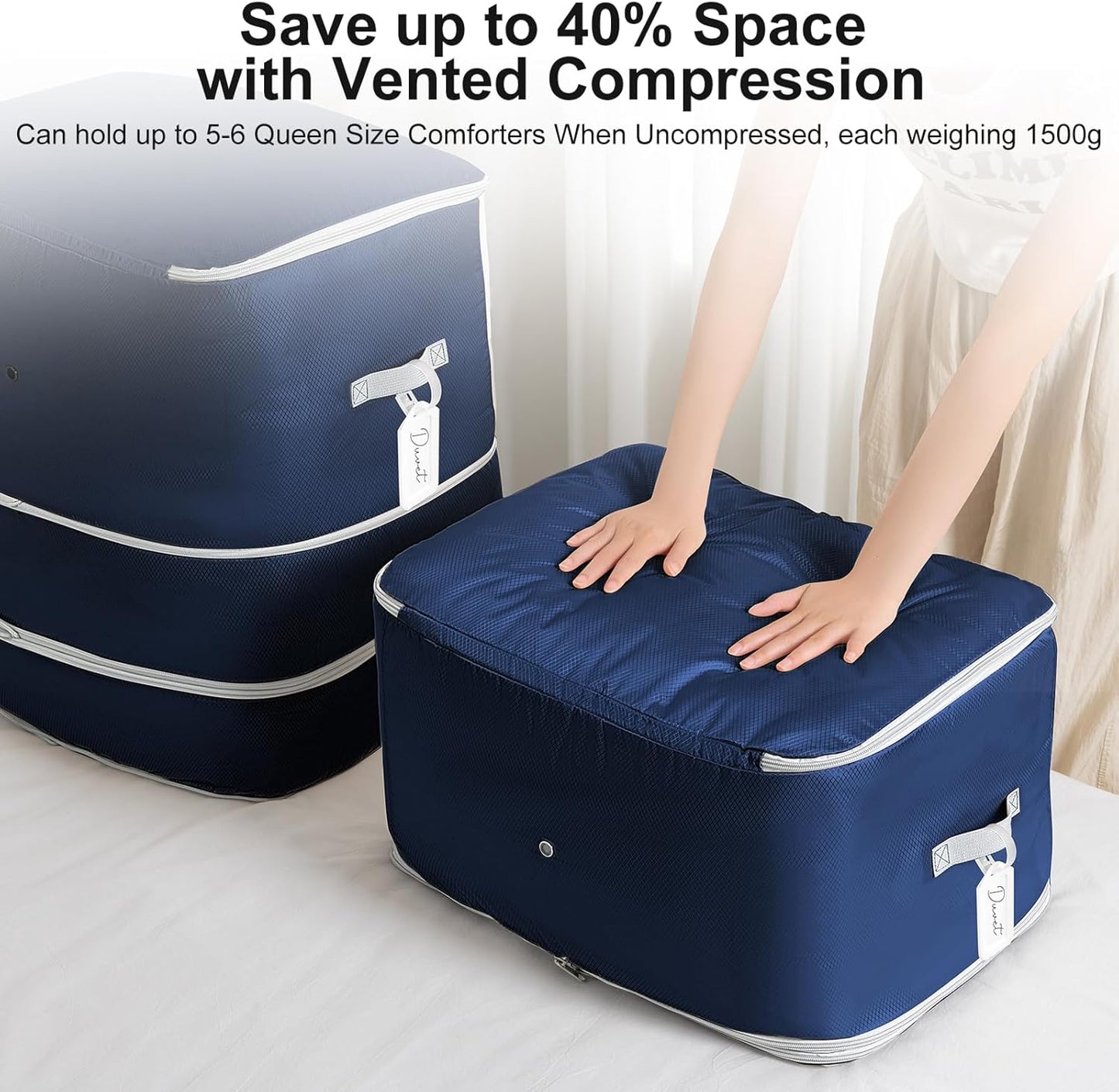 Comforter Storage Bag - 130L Blanket Storage Bags 3-Layer Ultra Space Saving Self Compression Organizer, Washable Compression Bags for Storage Comforter Blanket, 6-Pack, Navy Blue