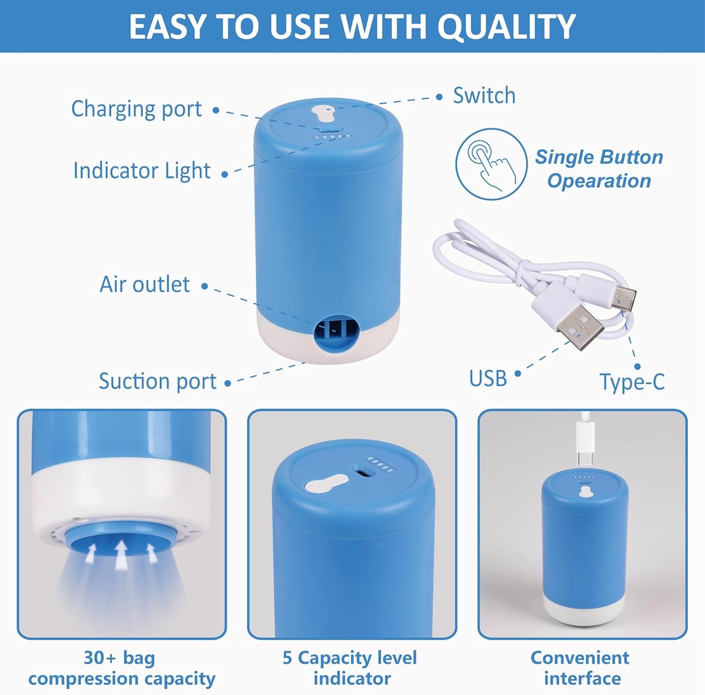 Cozy Essential Travel Vacuum Bags with Rechargeable Electric Pump, 10 Pack Vacuum Travel Bags for Luggage and Suitcase, Vacuum Seal Space Saver Compression for Clothes Clothing