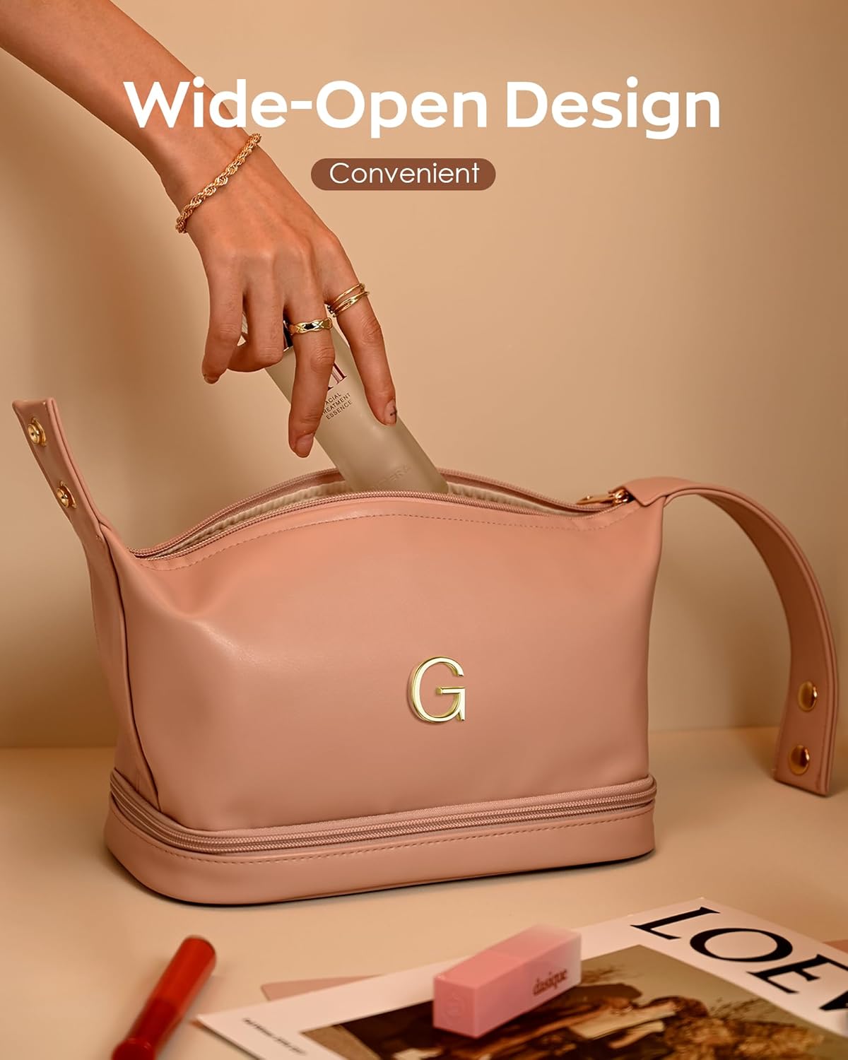 Personalized Makeup Bags, Initial Bags with Handle, Waterproof Double Layer Cosmetic Bag, Large Capacity PU Leather Makeup Bags Letter Travel Toiletry Bag with Makeup Brush Organizer