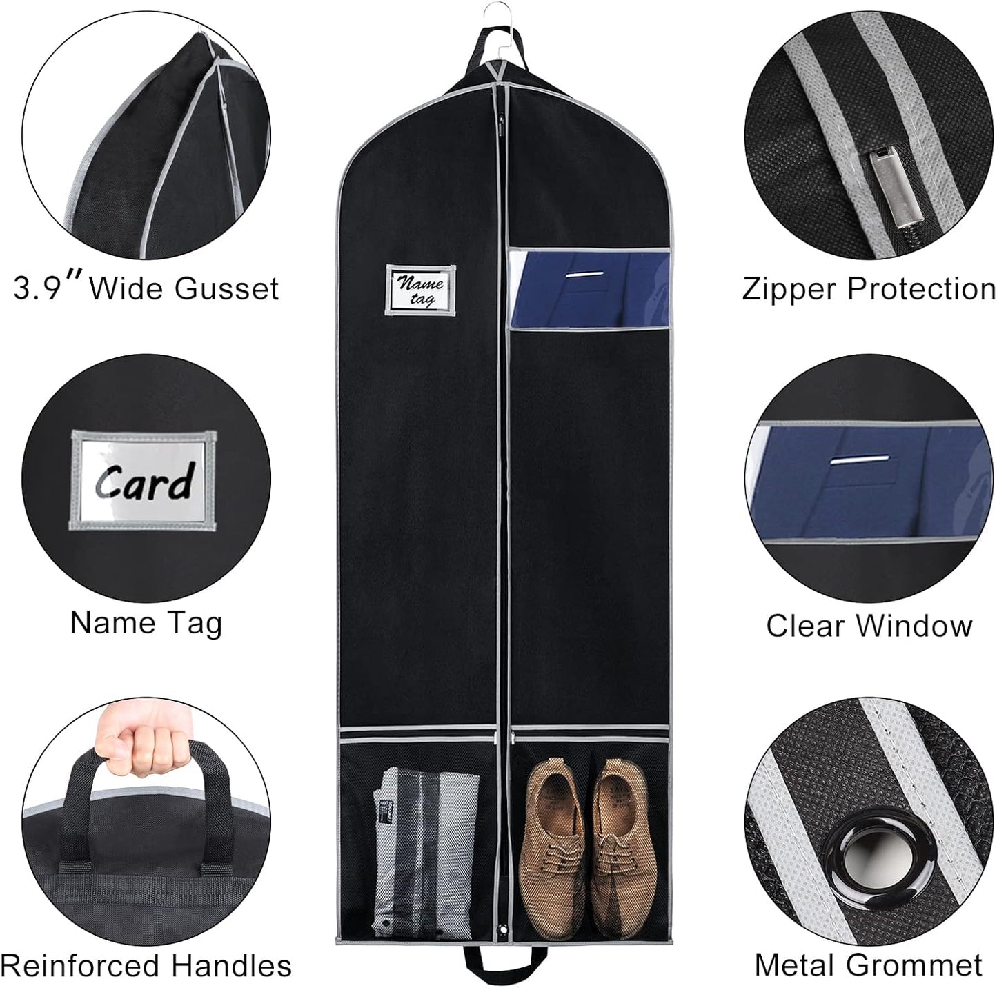 Zilink Long Dress Garment Bags for Travel 60" Dress Suit Cover for Storage with 2 Large Mesh Pockets and a PVC Card Holder, Black