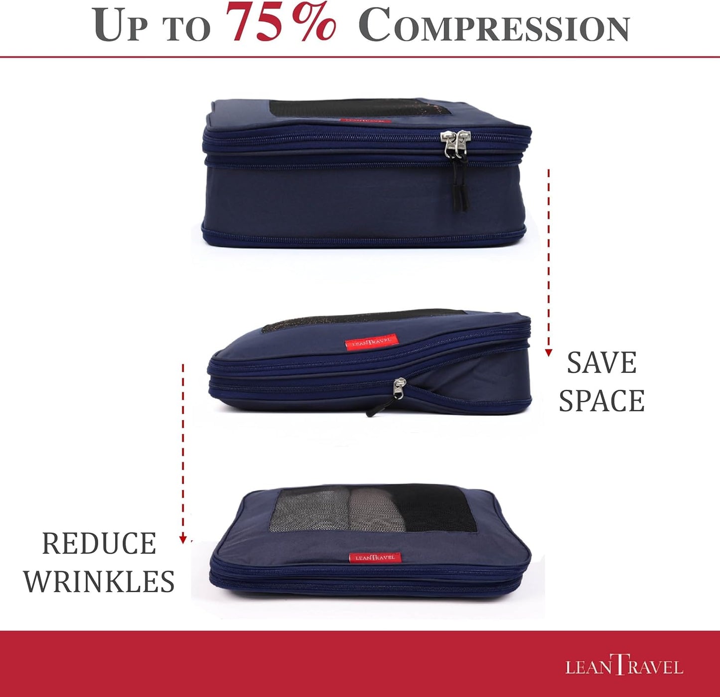 LeanTravel Compression Packing Cubes for Travel Organizers with Double Zipper (6-Pack (2L+2M+2S), Navy)