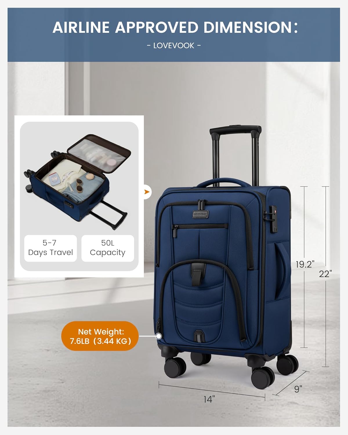 Carry On Luggage 22x14x9 Airline Approved, 22-Inch Suitcases with Spinner Wheels, Softside Carry-on Luggage with TSA Lock for Men Women Business Trip, Lightweight Large Capacity Luggage for Travel