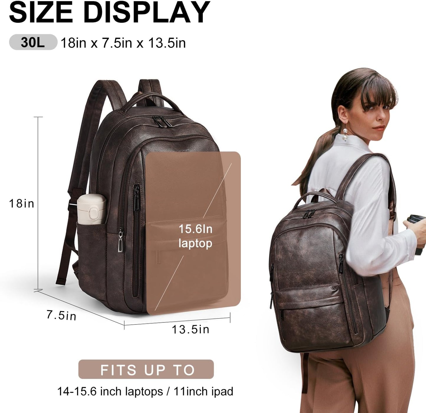 30L Business Laptop Backpack for Women Men, Travel Work Backpack Purse Faux Leather College Bookbag fits 15.6" Laptop - Coffee