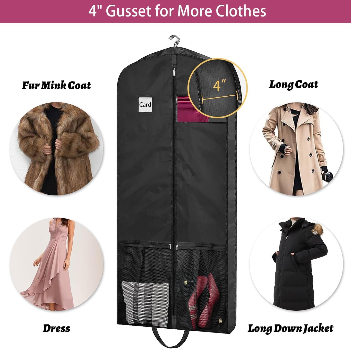 54" Garment Bags for Travel, 2 Pack Dress Bag for Hanging Clothes Storage with Pockets and Clear Window, 4" Dress Storage Bag for Long Coat, Jacket, Sweater, Shirts, Suits