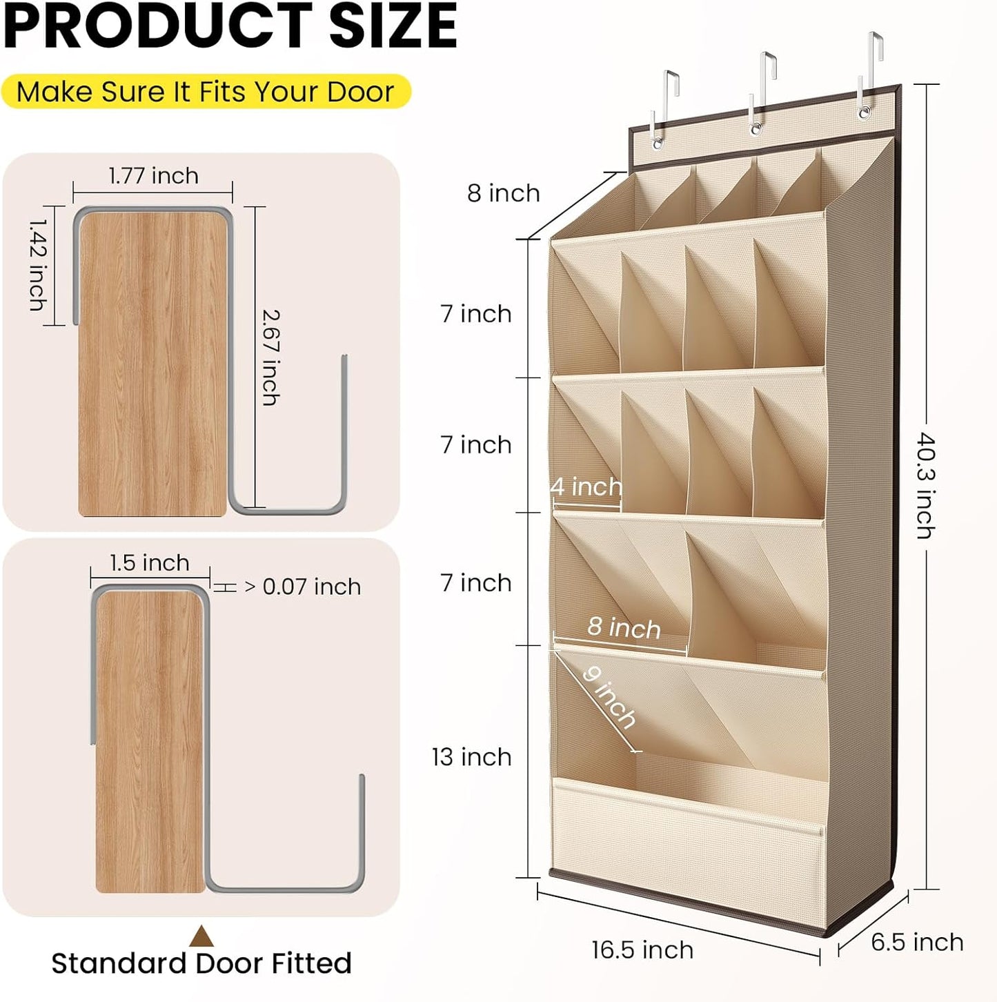 Over the Door Shoe Organizer for Closet, Shoes Rack for Closet with 15 Large Pockets, Hanging Shoe Organizers for Boot Storage, Behind the Door Narrow Shoe Holder for Small Shoes, Beige