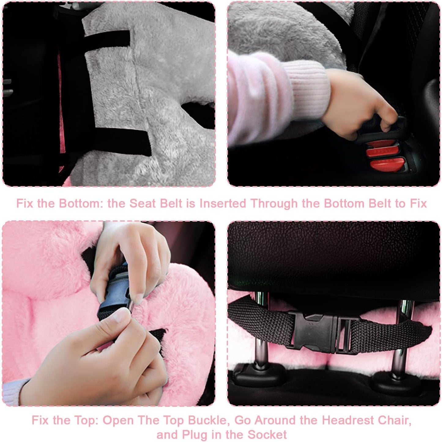 Travel Pillow, Travel Pillow for Kids, Sleeper Hold Pillow Travel, Removable U-Shaped Pillow for Adults and Children to Support Head and Body in The Back Seat of Long Car Trips (Pink and Gray)