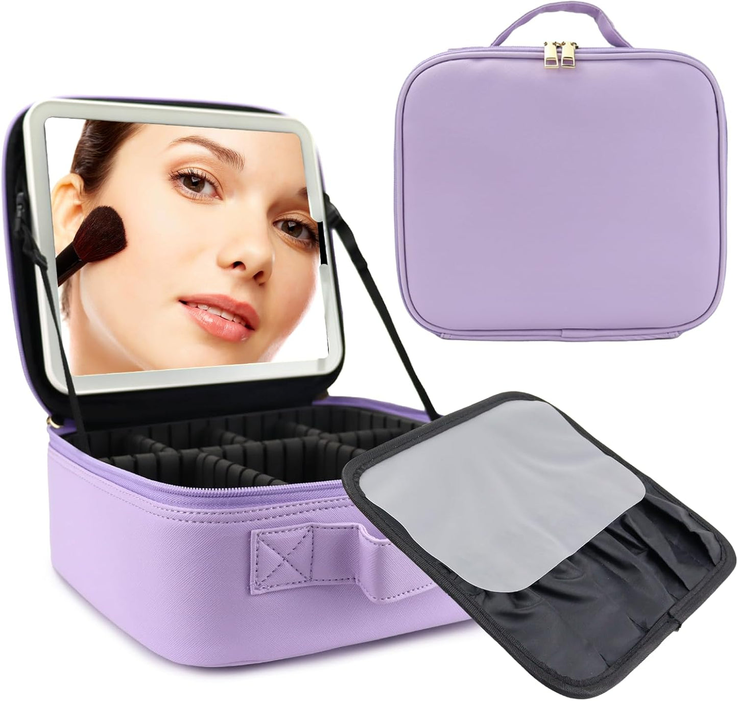Travel Makeup Bag with LED Mirror Travel Makeup Organizer with 3 Lighted Settings, Adjustable Dividers and Makeup Brush Storage Bag Purple