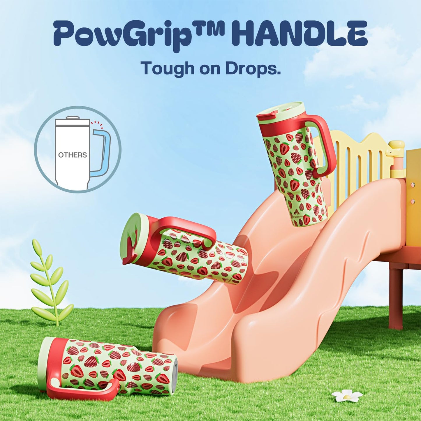 24 oz Metal Tumbler Cup for Girls: Easy Grip Handle, Leak-Proof when Sealed, Easy to Clean, Double Wall Vacuum Cup for Home, School, Daycare, Party, Picnic, Hiking, Travel, Gift (Strawberry Pop)