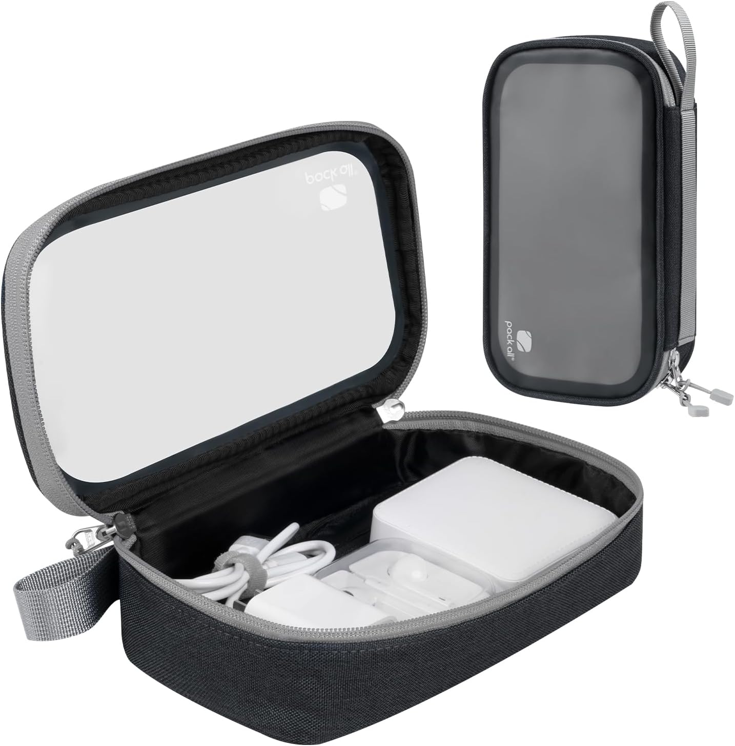 pack all Clear Electronic Organizer, TPU Cable Organizer Bag, Compact Cord Travel Organizer for Cables, Chargers, Phones, USB Cords, SD Cards (Black)