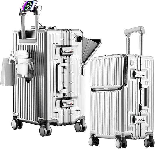 2-Piece Hardshell Zipperless Luggage Set, 20/26" Aluminum Frame Hardshell Spinner Luggage, Airline Approved Carry-On Luggage, TSA Lock, 360° Quiet Wheels With Cup Holder (silver)