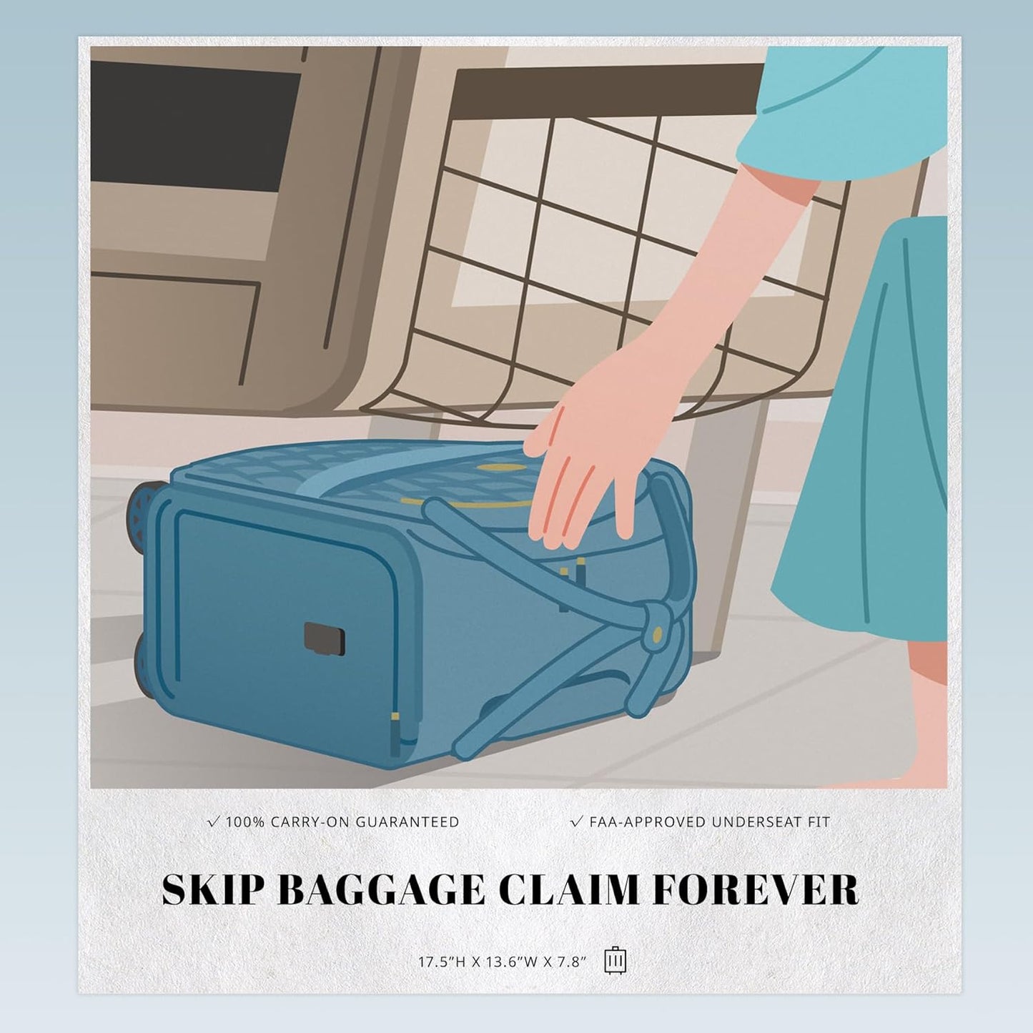 Verage 18x14x8in Spinner Underseat Carry-On Luggage -Airplane Personal Item Bag, USB A&C Charging Port, Padded Laptop Pocket & Wet/Dry Compartments for Women, Haze Blue