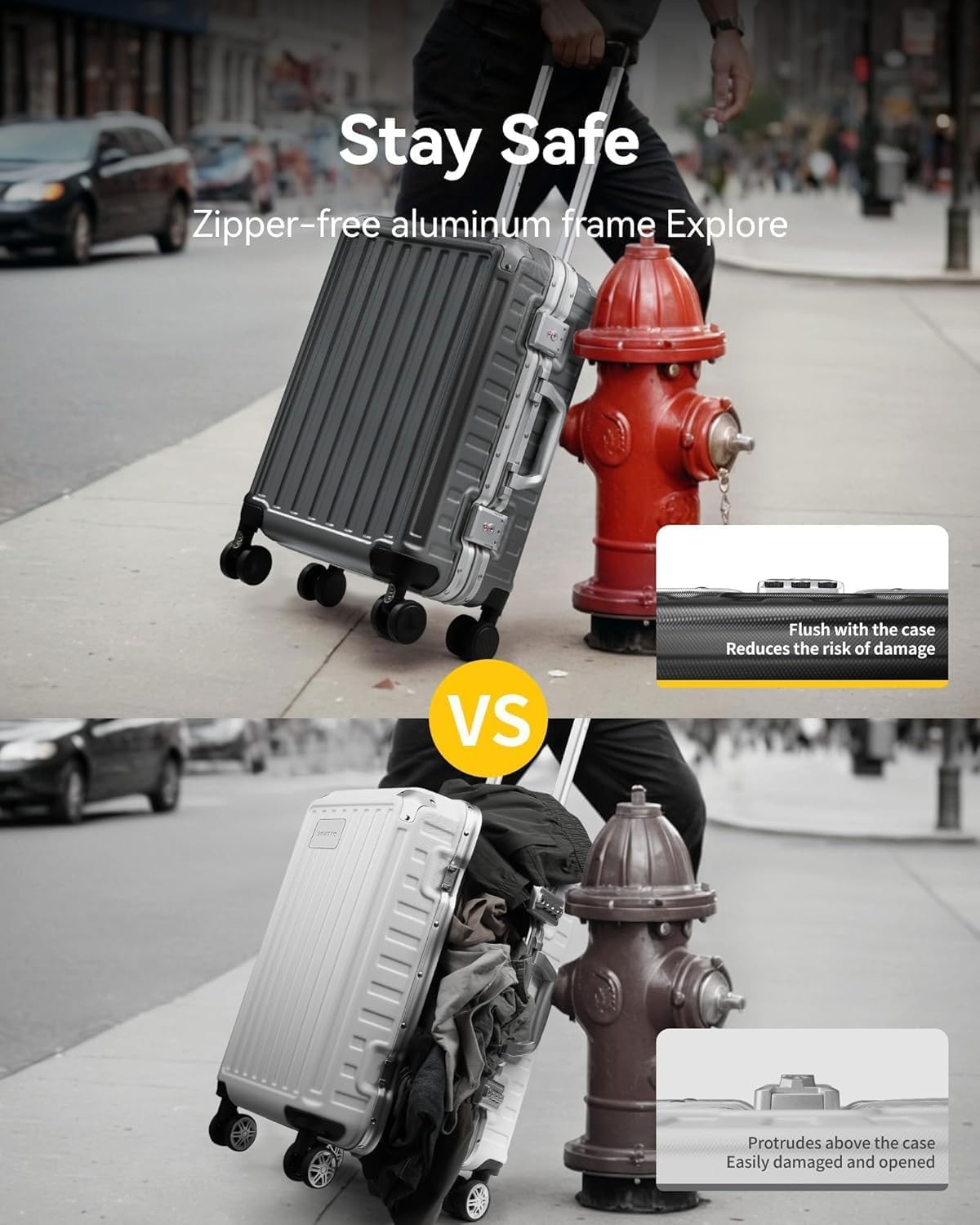 LUGGEX Checked Suitcase with Spinner Wheels, 28 Inch Aluminum Frame Zipperless Polycarbonate Hard Shell Suitcase, Silver