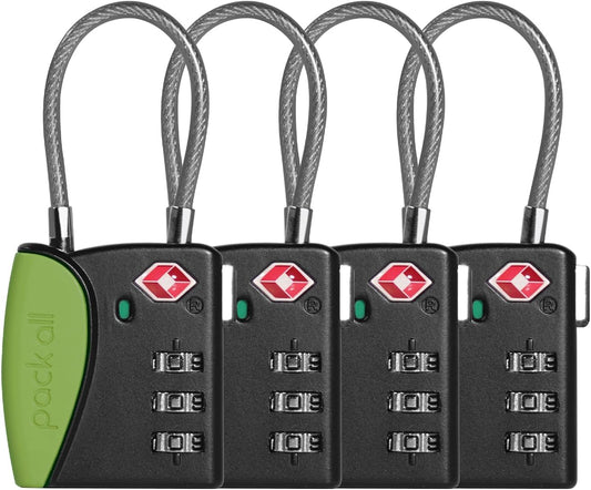 pack all TSA Approved Cable Luggage Locks, 3 Digit Combination Padlocks, Travel Lock for Suitcases & Bag, Alloy Body, Travel Accessories (4 Pack)（Apple Green）