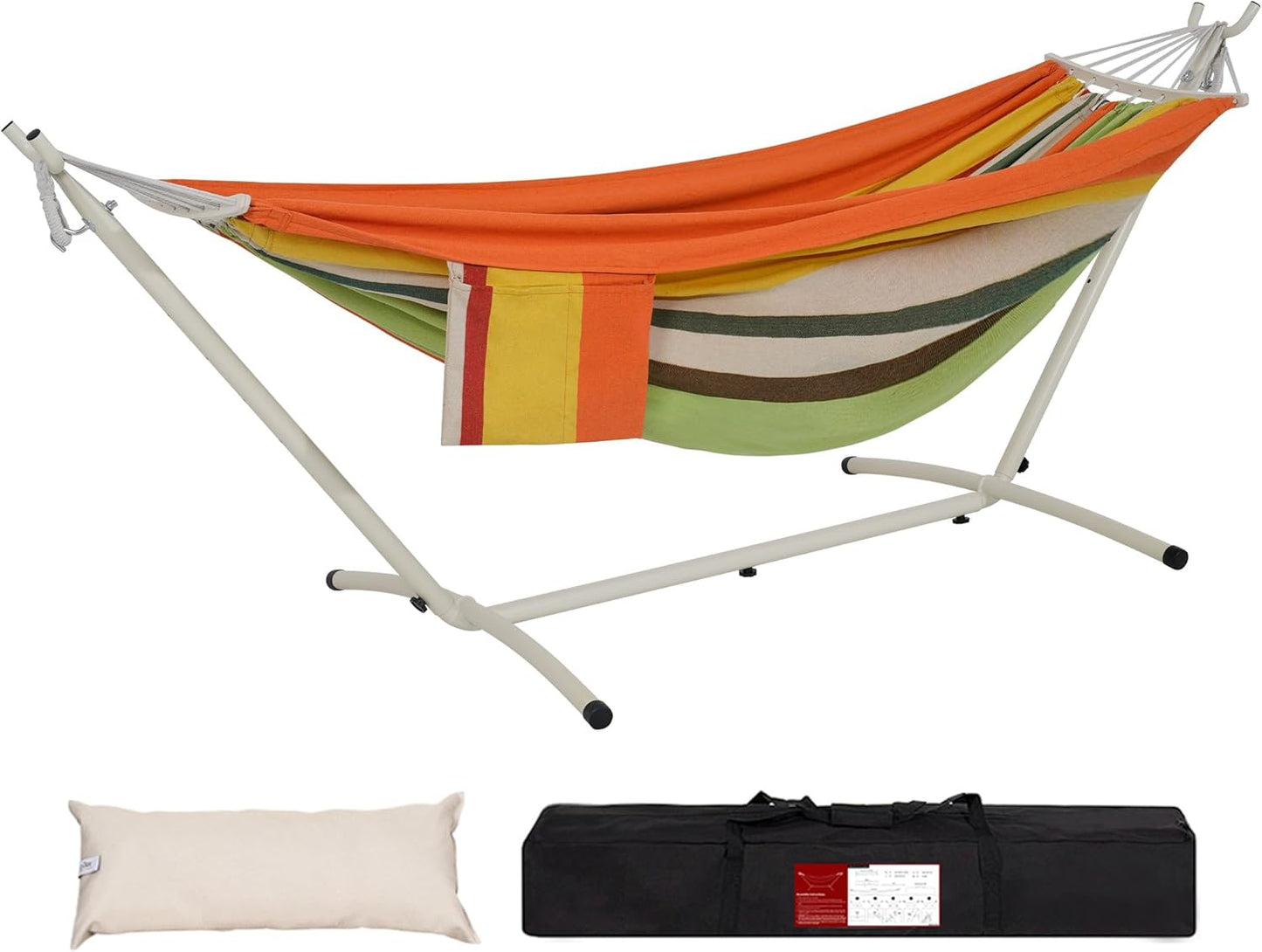 LazyDaze Hammocks Double Hammock with Stand - 2 Person Heavy Duty Outdoor Hammock for Adults, Includes Durable Steel Stand, Portable Carrying Bag and Pillow, Orange Green