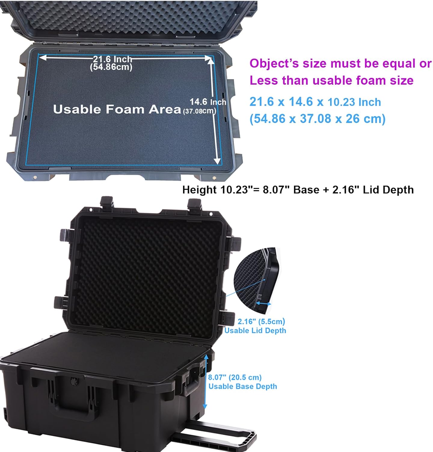 Waterproof Hard Case,27 x 20 x 13 Inch, Equipment Rolling Hard Case with Foam/Wheels/Retractable Handle for camera, Drone,tool, electronics,Shockproof, TSA Friendly, Inner 21.6"X 14.6"X10.2"