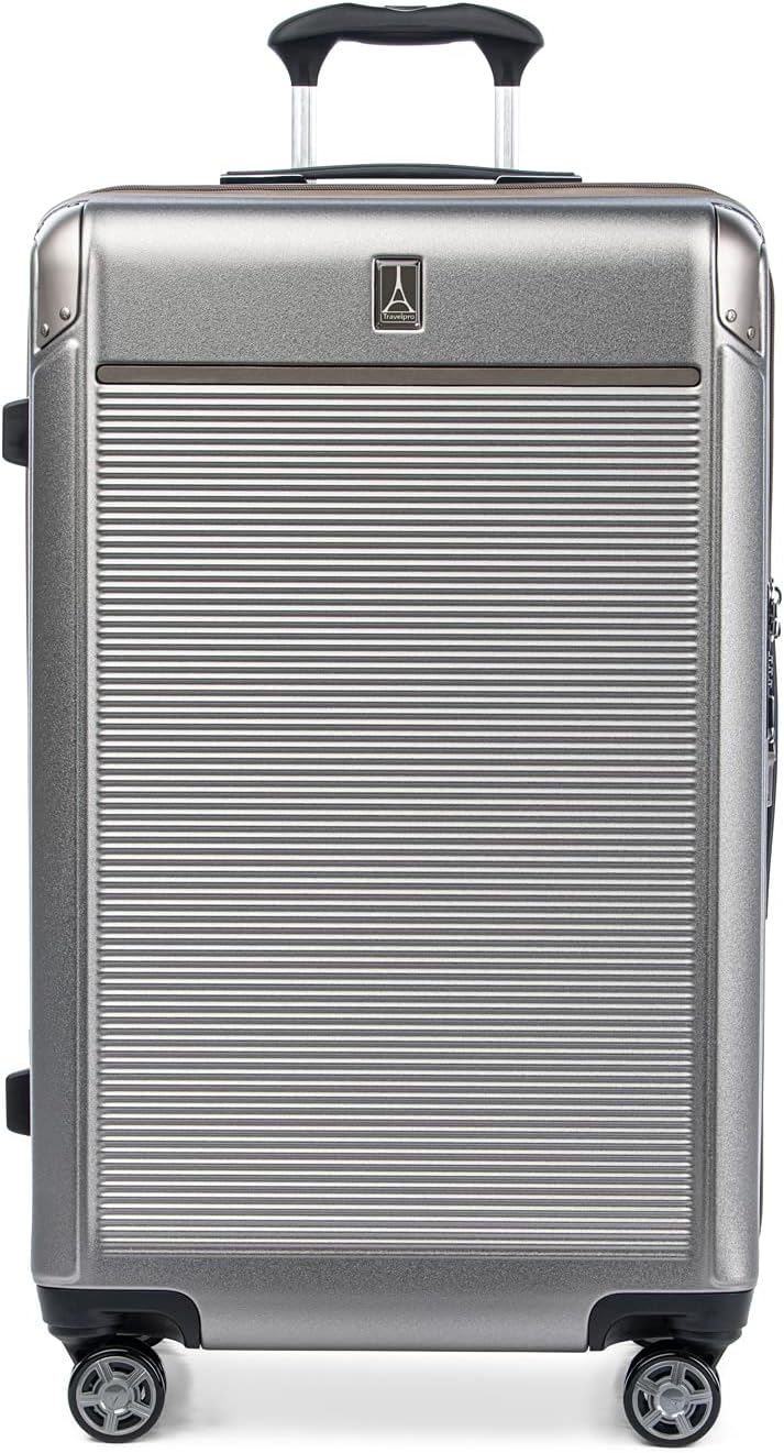 Travelpro Platinum Elite Hardside Expandable Checked Luggage, 8 Wheel Spinner, TSA Lock, Hard Shell Polycarbonate Suitcase, Metallic Sand, Checked Large 28-Inch