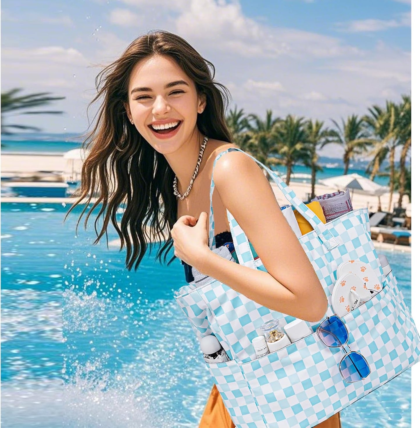 LEDAOU Large Beach Tote Bag Women Waterproof Sandproof Zipper Beach Tote Bag for Pool Gym Grocery Travel with Wet Pocket