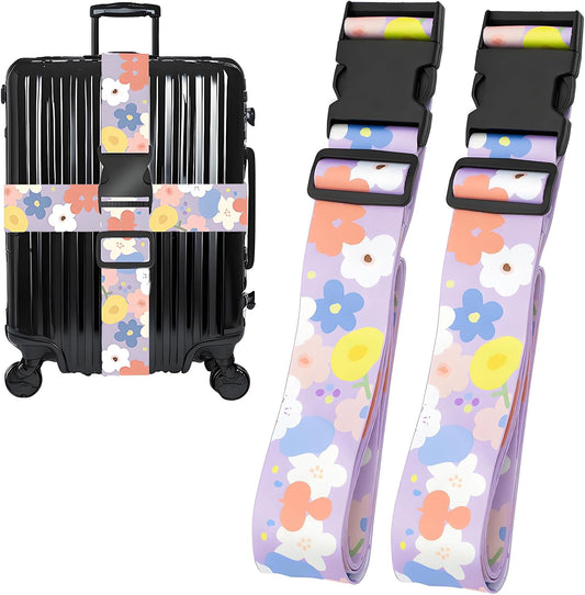 Colored Flowers Luggage Straps for Suitcases, Adjustable Luggage Travel Belt to Keep Luggage Security While Travel, Strong Polyester Fabric, Easy-to-Recognize Stylish Design Travel Accessories, 2 Pack
