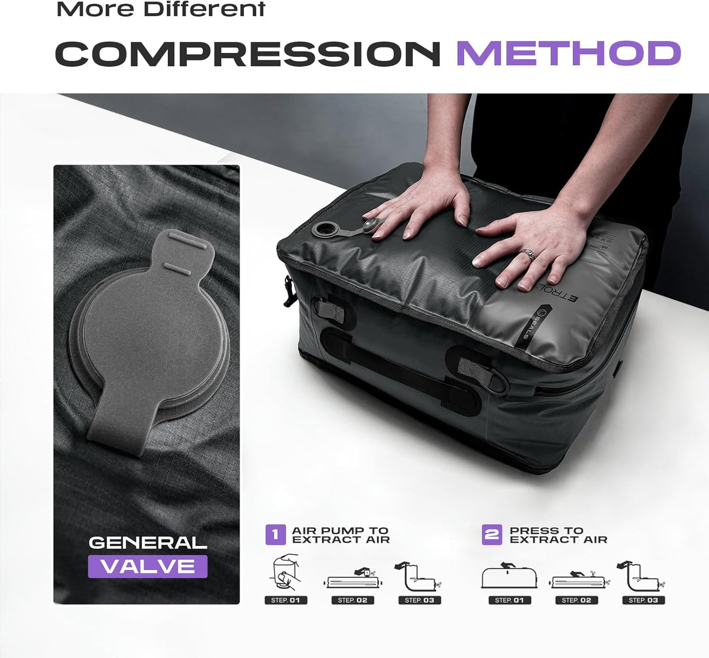 TPU Vacuum Bag for Travel, 70D Nylon Reusable Compression Bag with IP67 Waterproof Zipper, Compression Packing Cubes for Clothing, Space Saver Bags for Luggage and Backpack (Full Open, Grey,2Pcs)